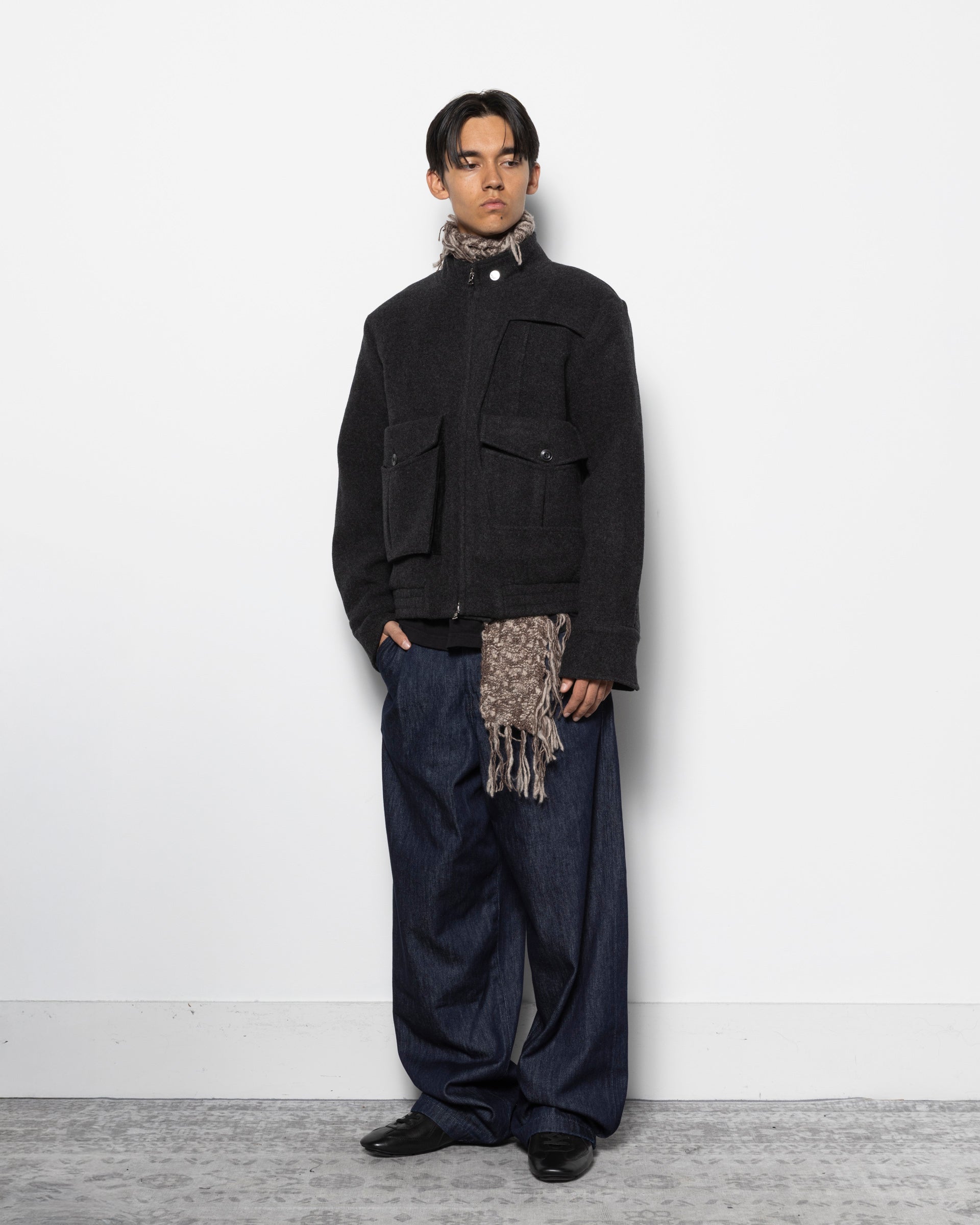 Deconstructed Stand Collar 6 Pocket Jacket in Dark Grey