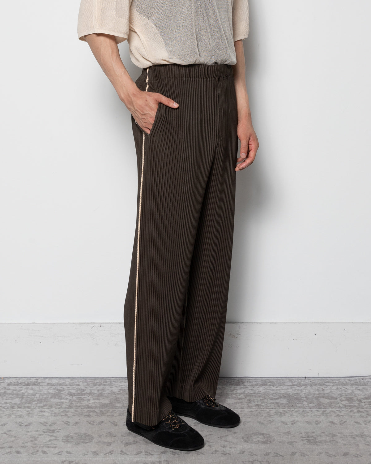 Embroidery Stripes Pants in Shade Grayish Brown