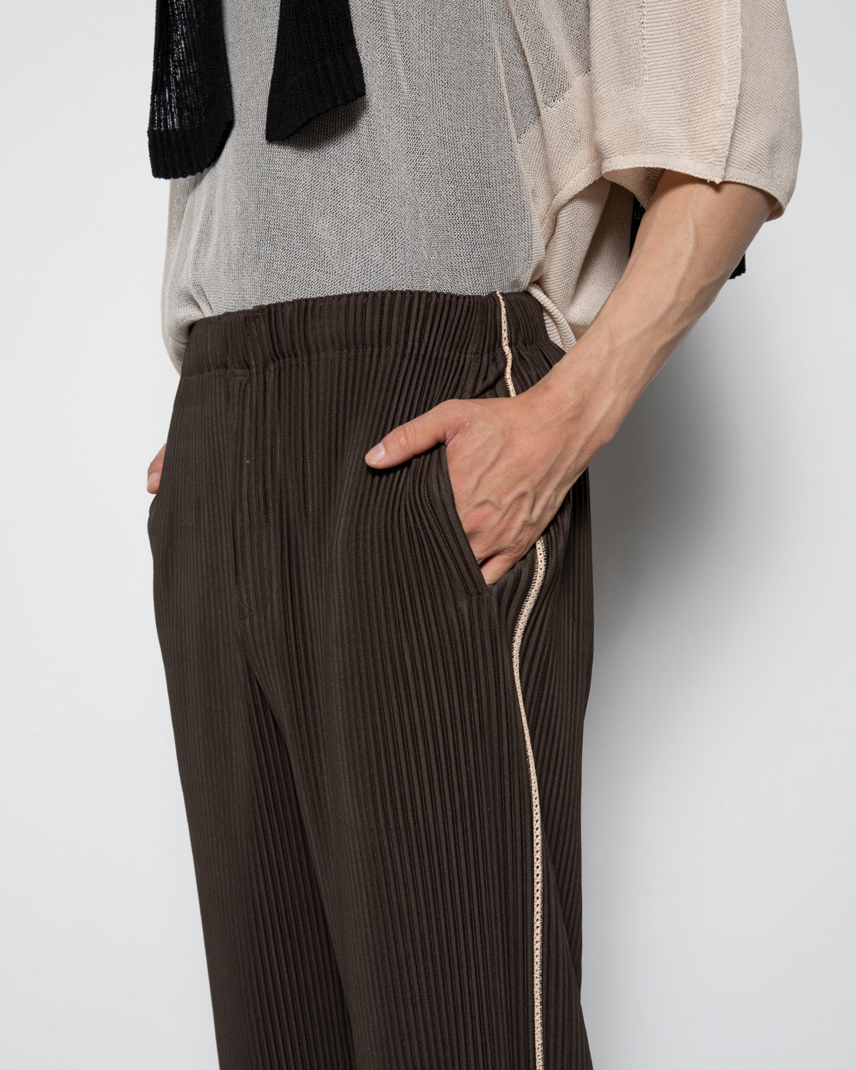 Embroidery Stripes Pants in Shade Grayish Brown