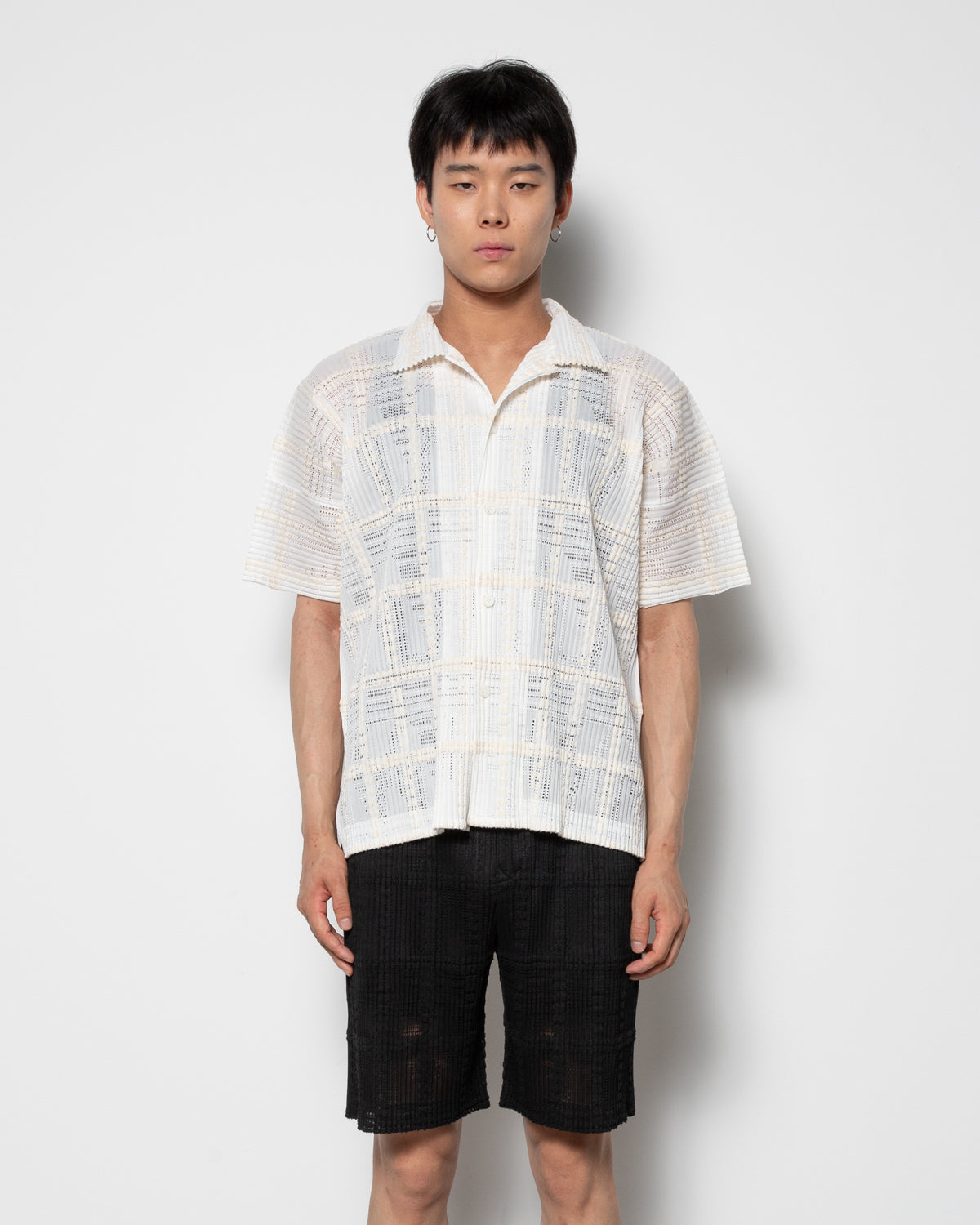 Lace Grid Pleats Shirt in White