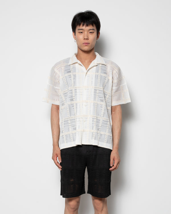 Lace Grid Pleats Shirt in White