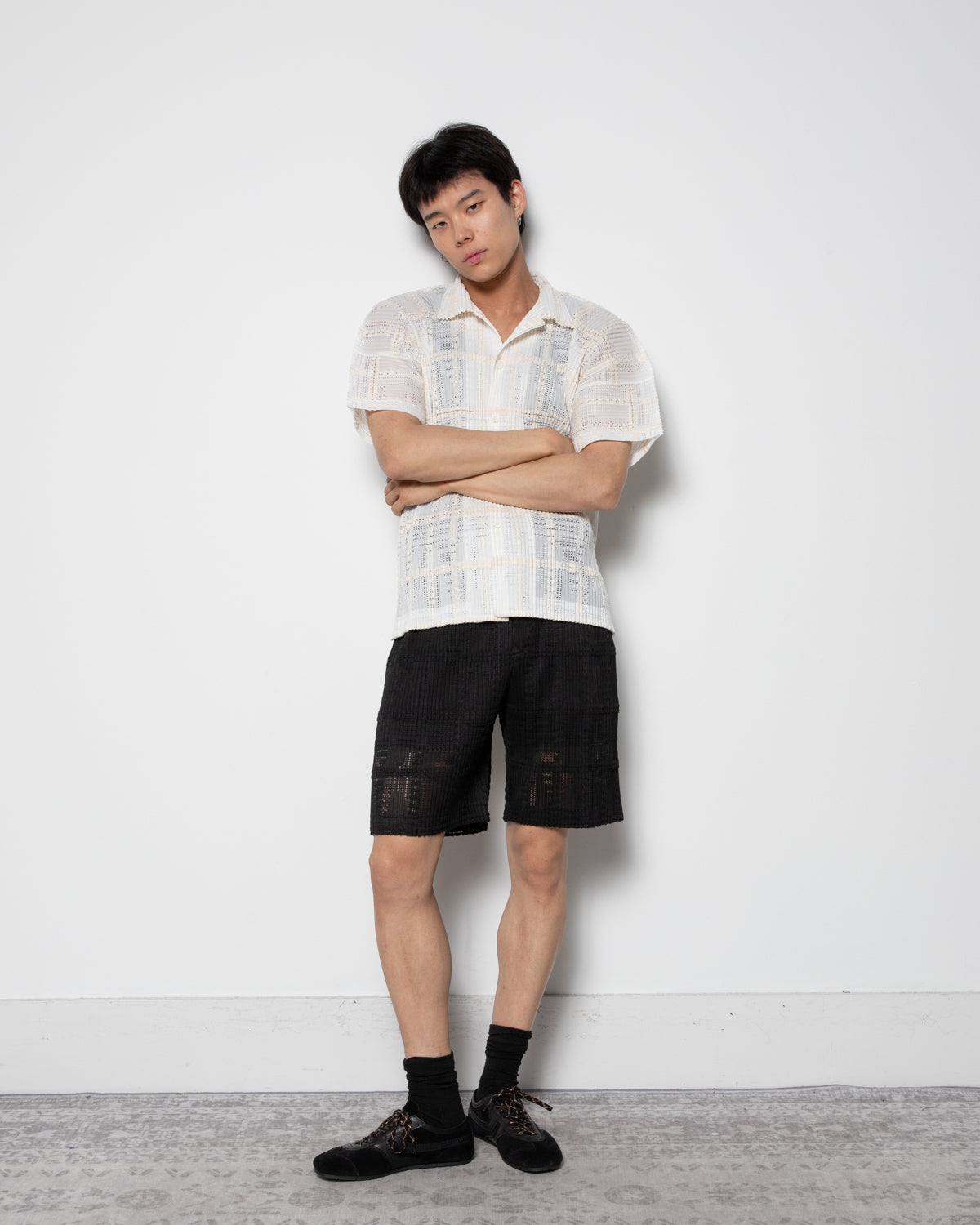 Lace Grid Pleats Shirt in White