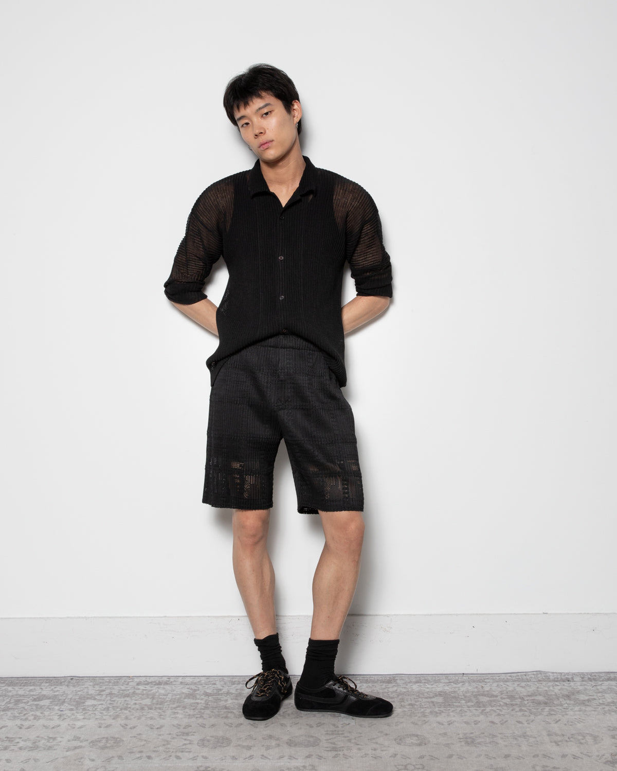 Rustic Mesh Polo Shirt in Black