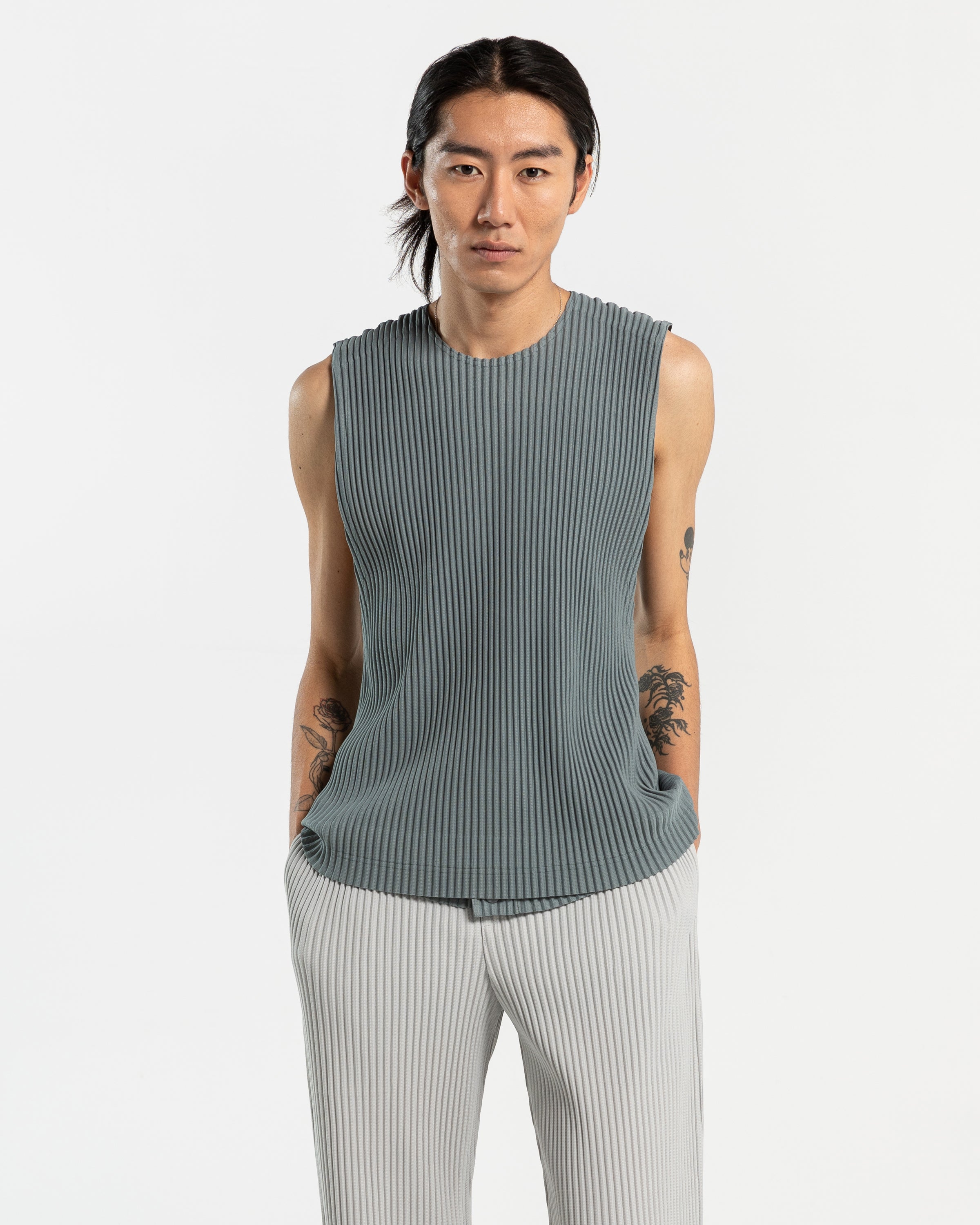Tailored Pleated Vest in Moss Grey