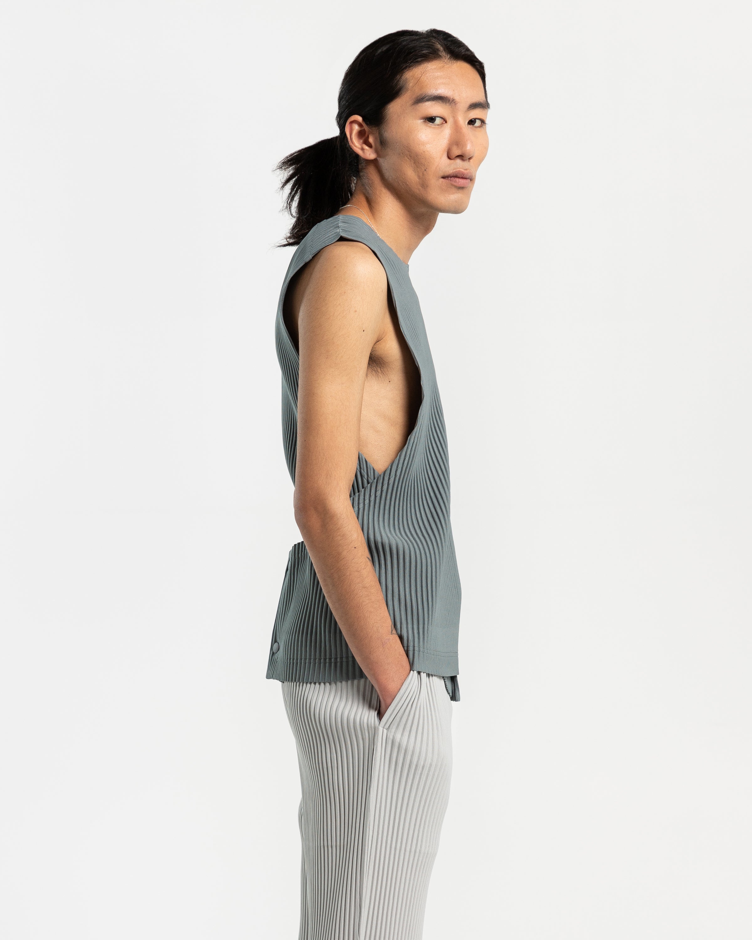 Tailored Pleated Vest in Moss Grey