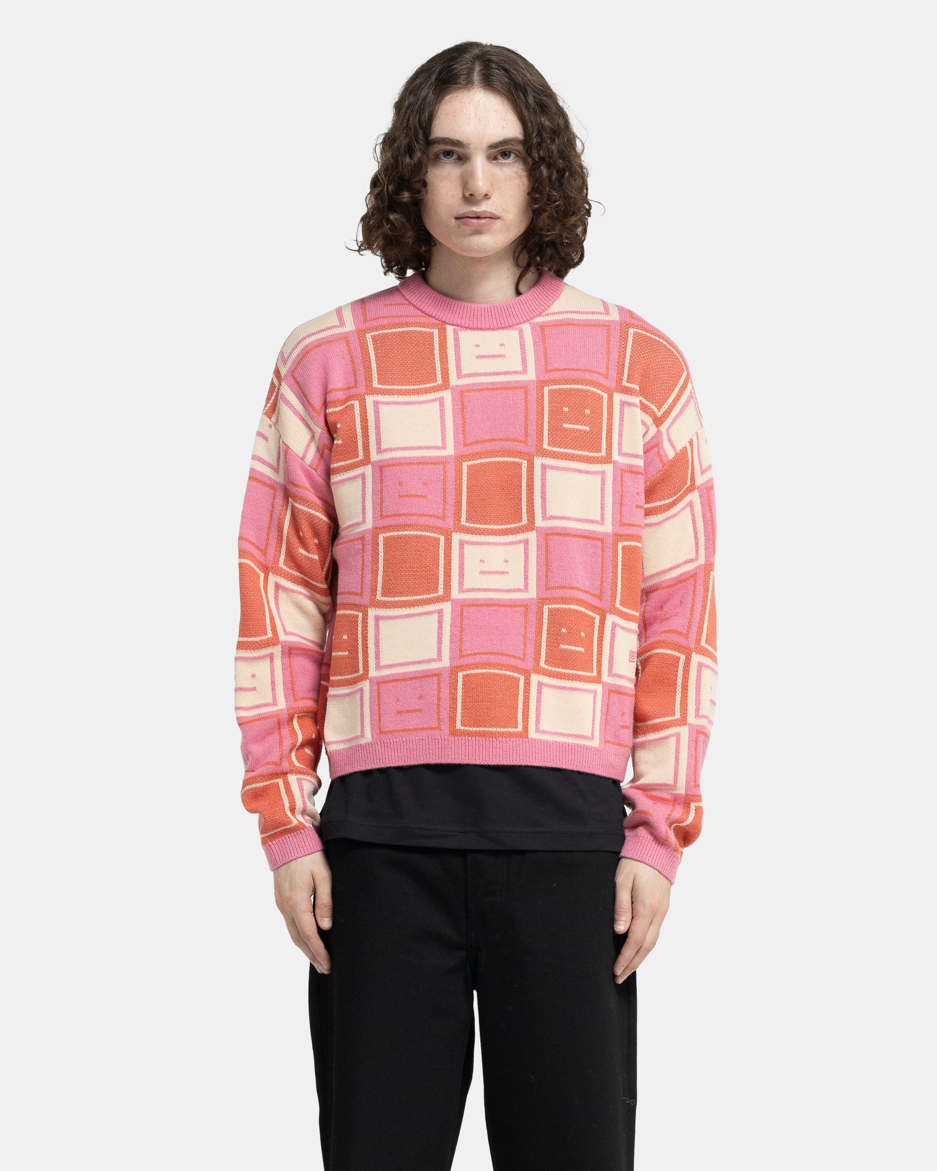 Jacquard Crew Neck Jumper in Rusty Orange and Tango Pink