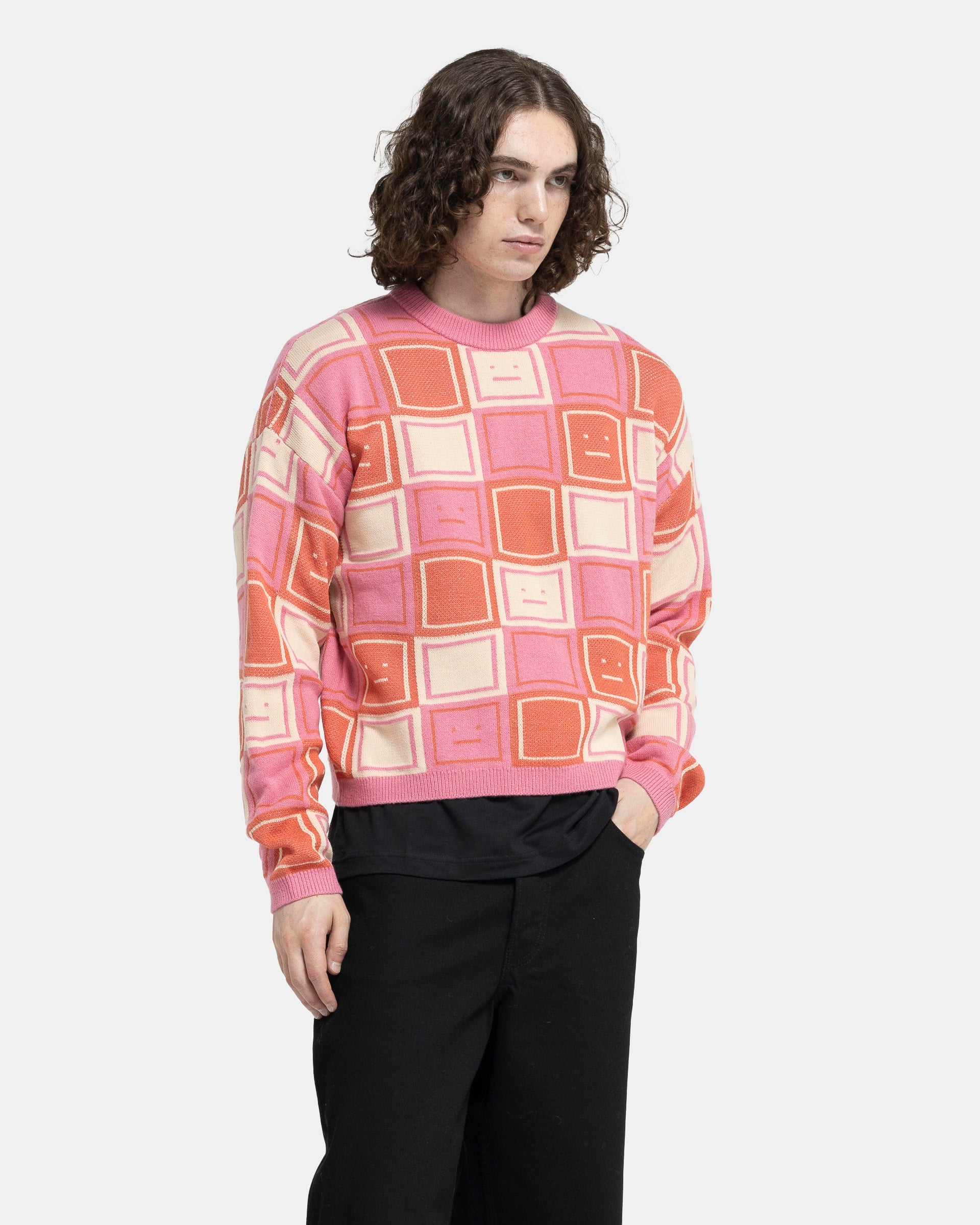 Jacquard Crew Neck Jumper in Rusty Orange and Tango Pink