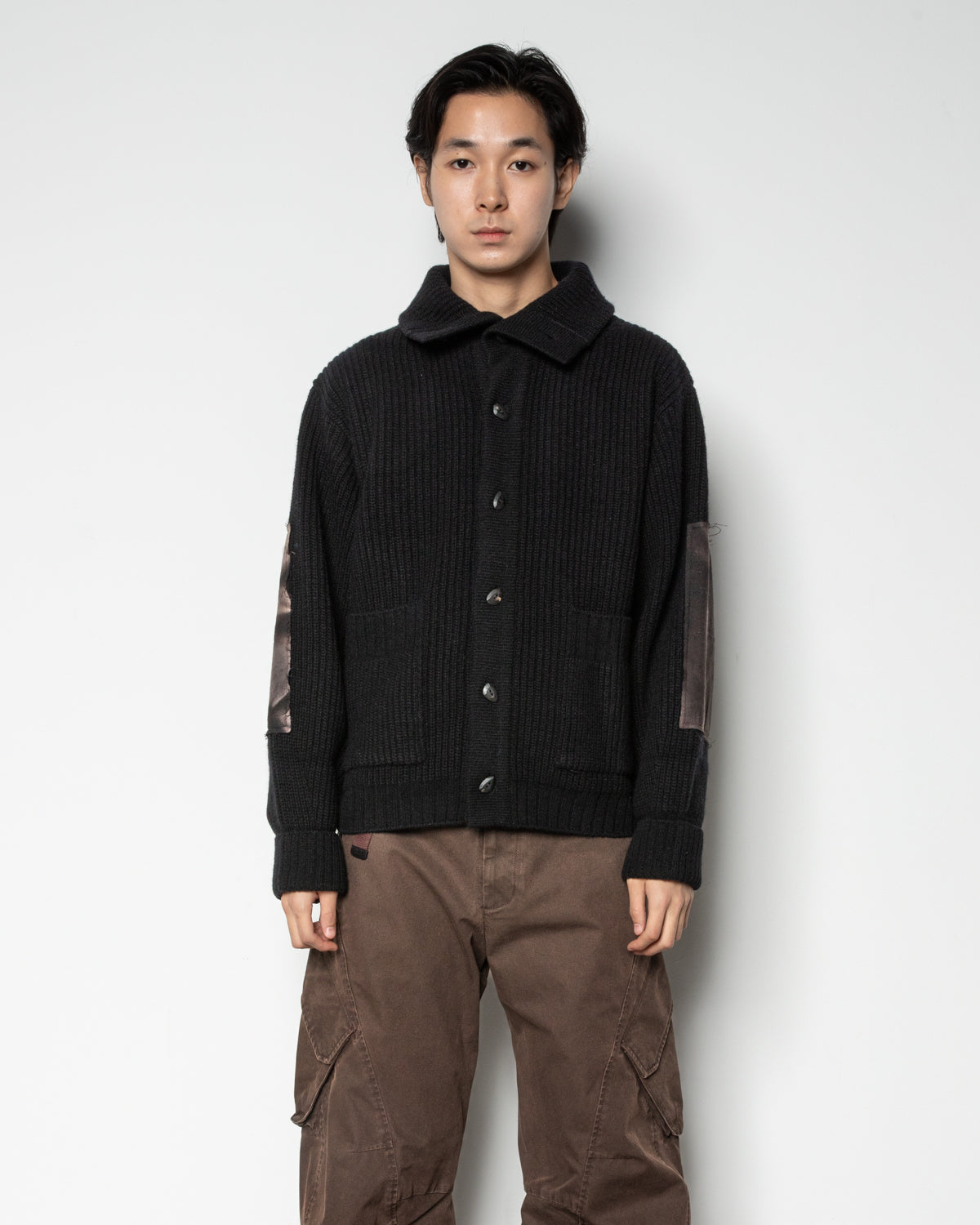 Sun-Bleached Wide Collar Knit Cardigan In Black