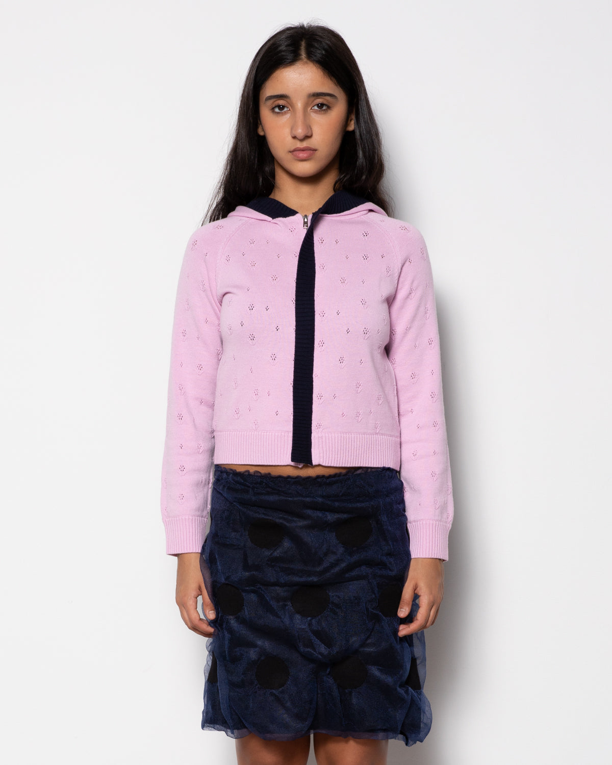 Florallace Knit Hoodie in Pink and Navy