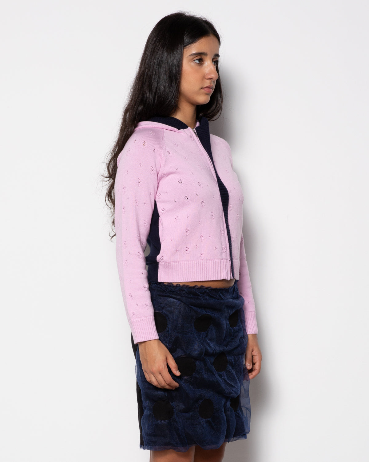Florallace Knit Hoodie in Pink and Navy