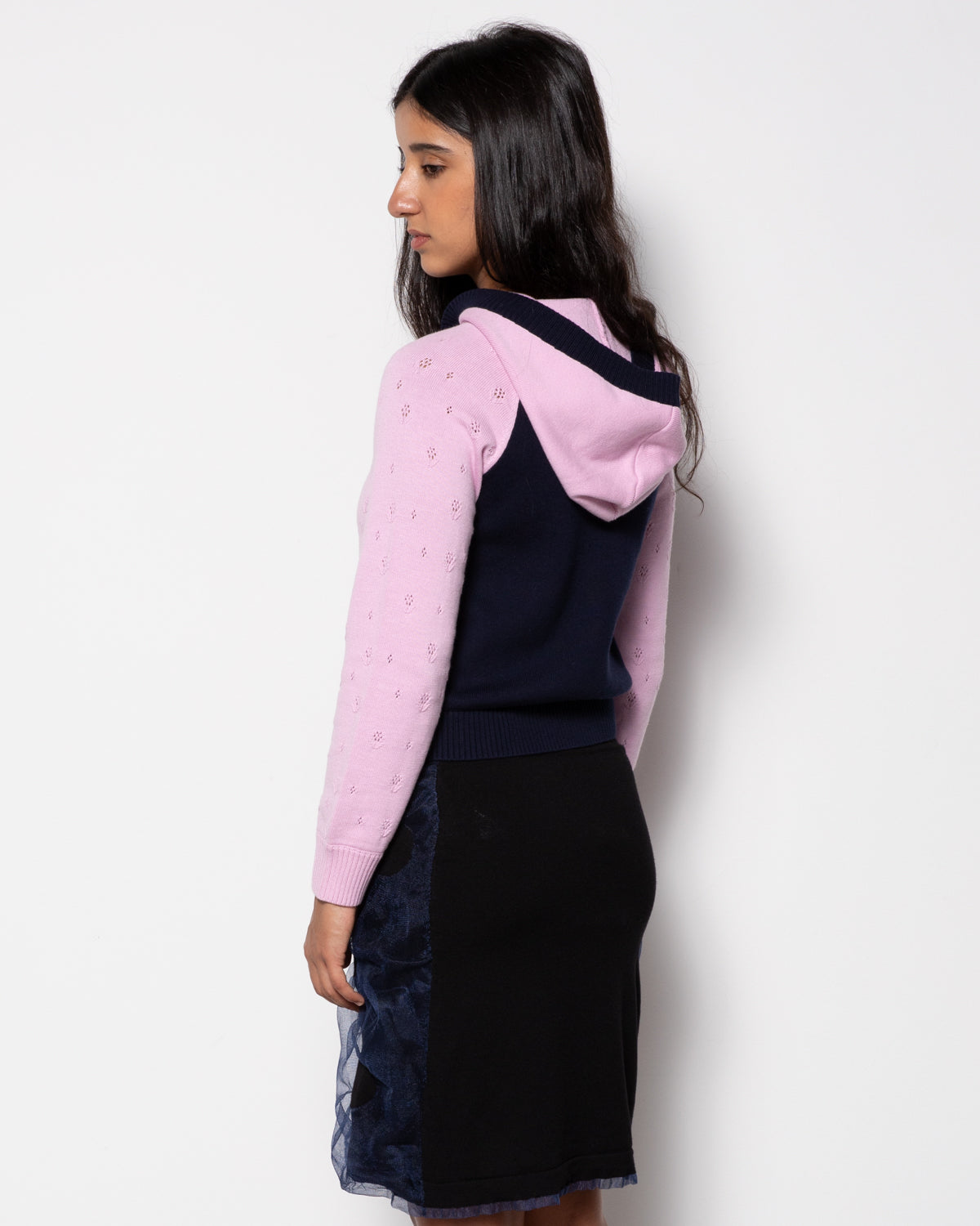 Florallace Knit Hoodie in Pink and Navy