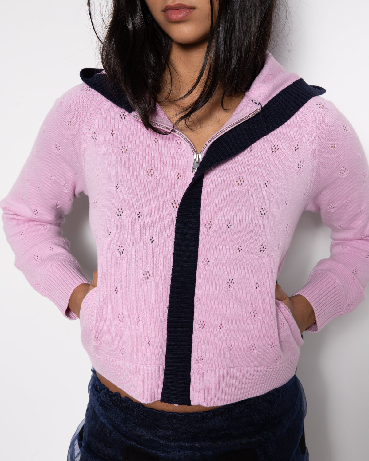 Florallace Knit Hoodie in Pink and Navy