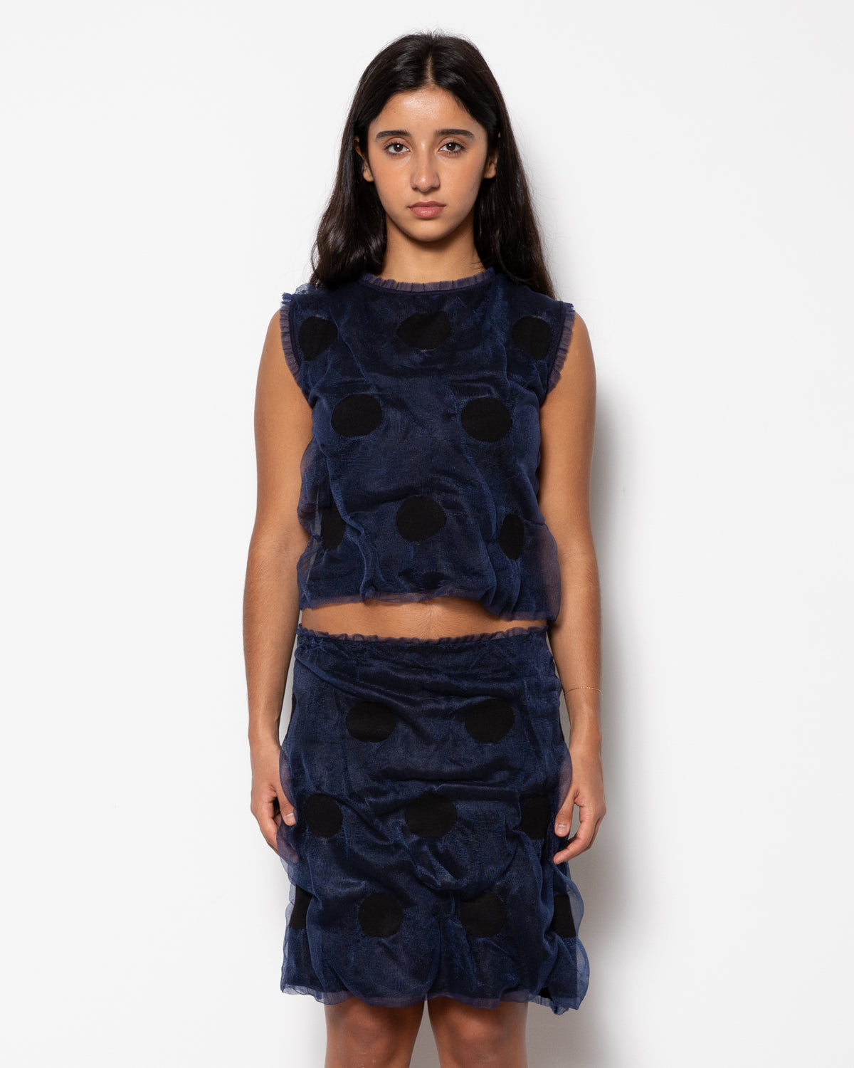 Polka Dot Bubble Gum Knit Top in Navy and Black