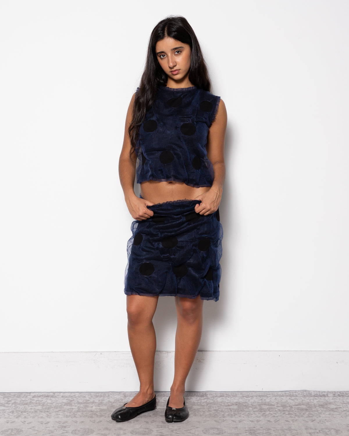 Polka Dot Bubble Gum Knit Top in Navy and Black