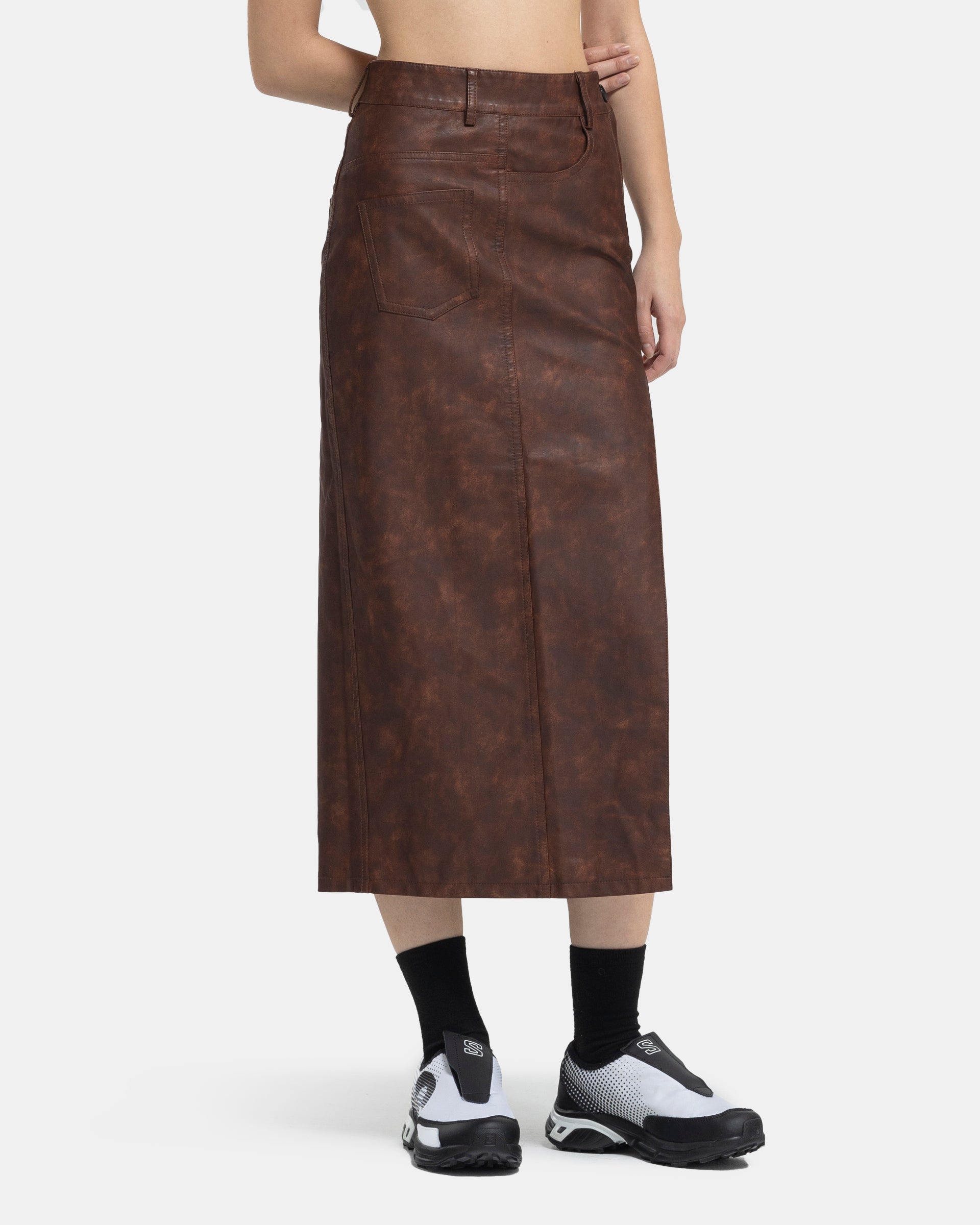 Asymmetric Washed Leather Skirt in Burgundy