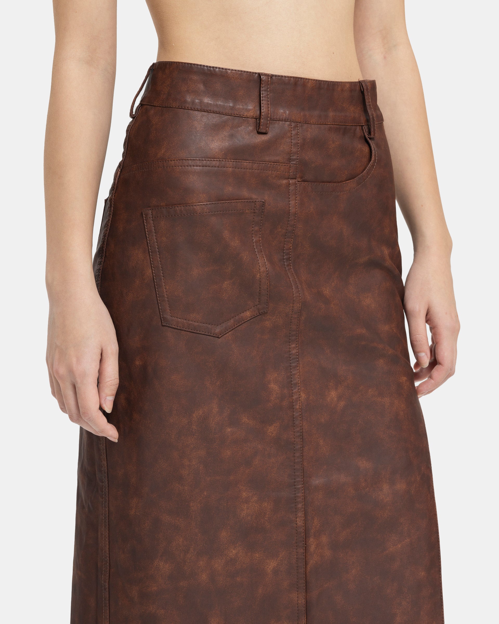 Asymmetric Washed Leather Skirt in Burgundy