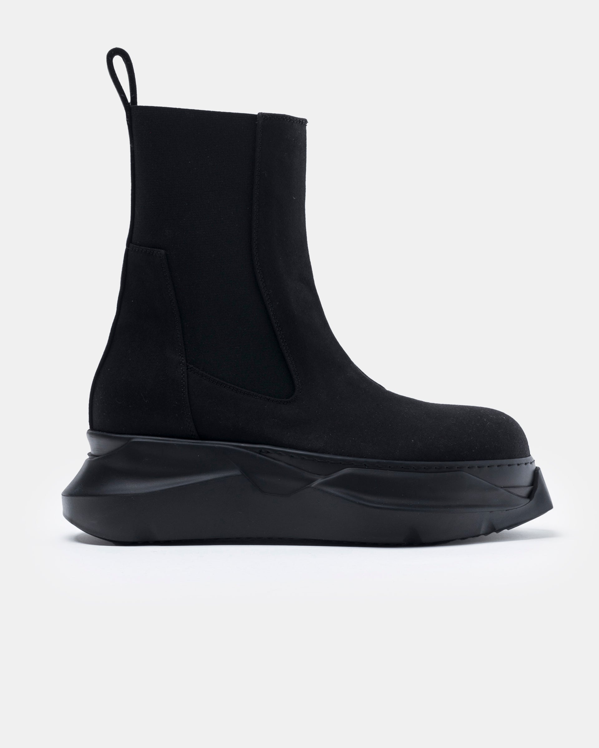 Rick Owens Black Beatle Abstract Boots on white background