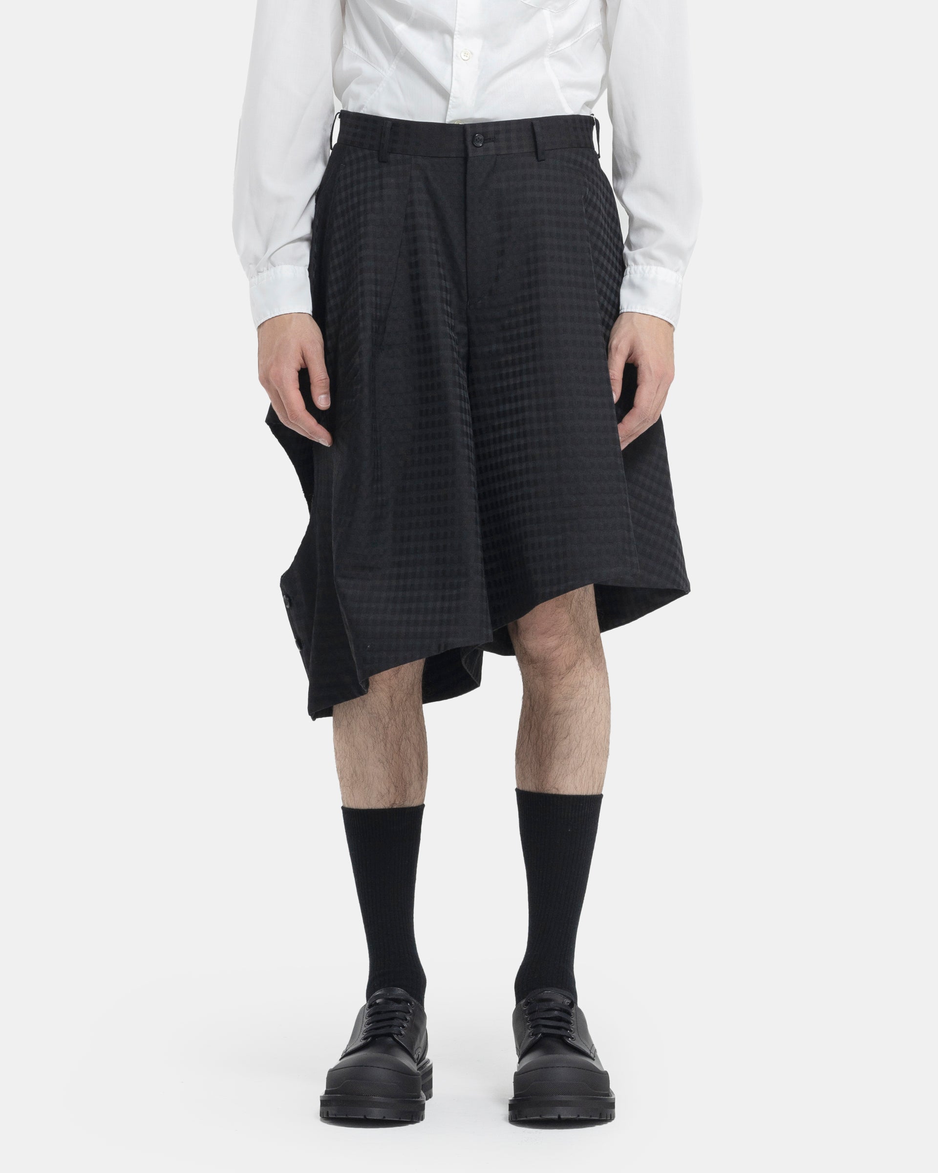 Asymmetric Check Shorts in Black