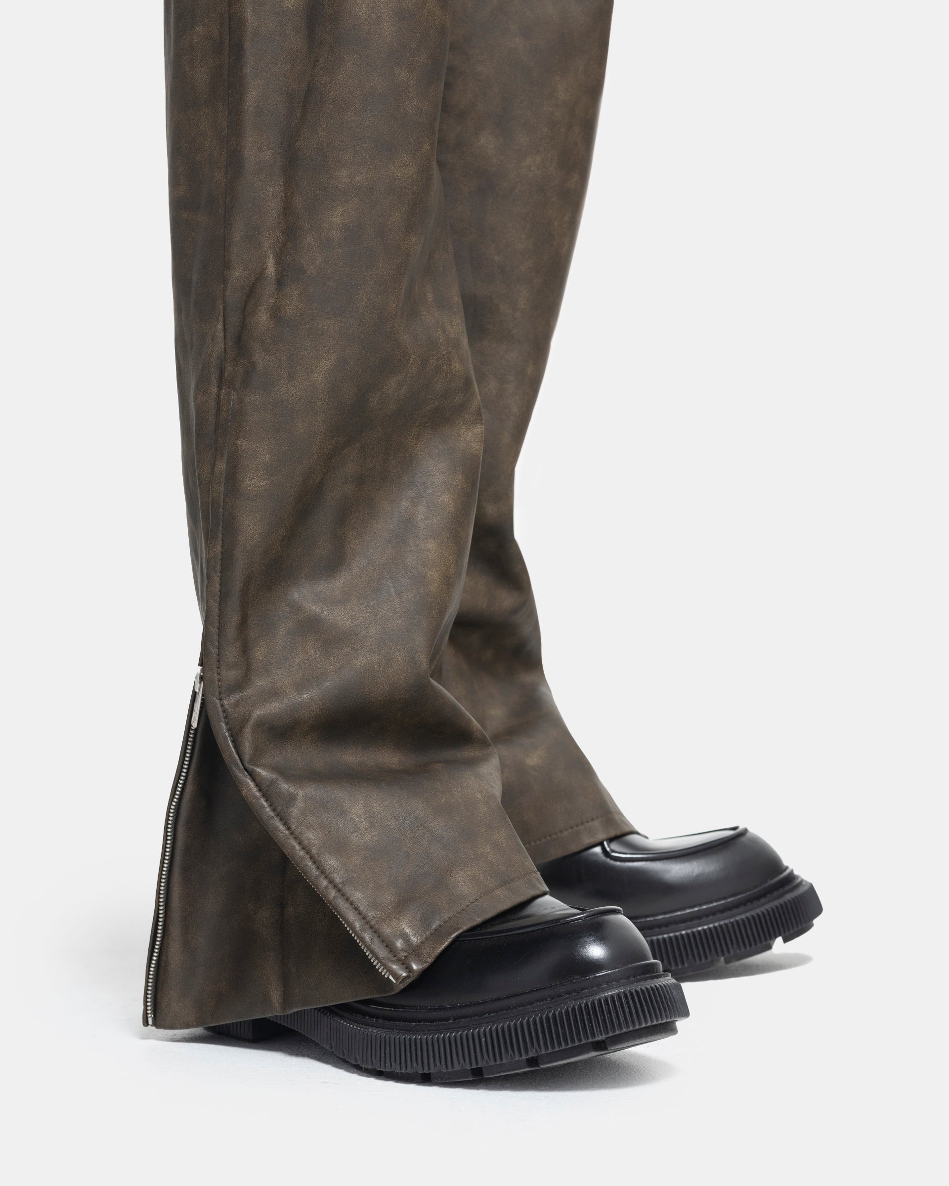 Asymmetric Washed Leather Pants in Dark Brown