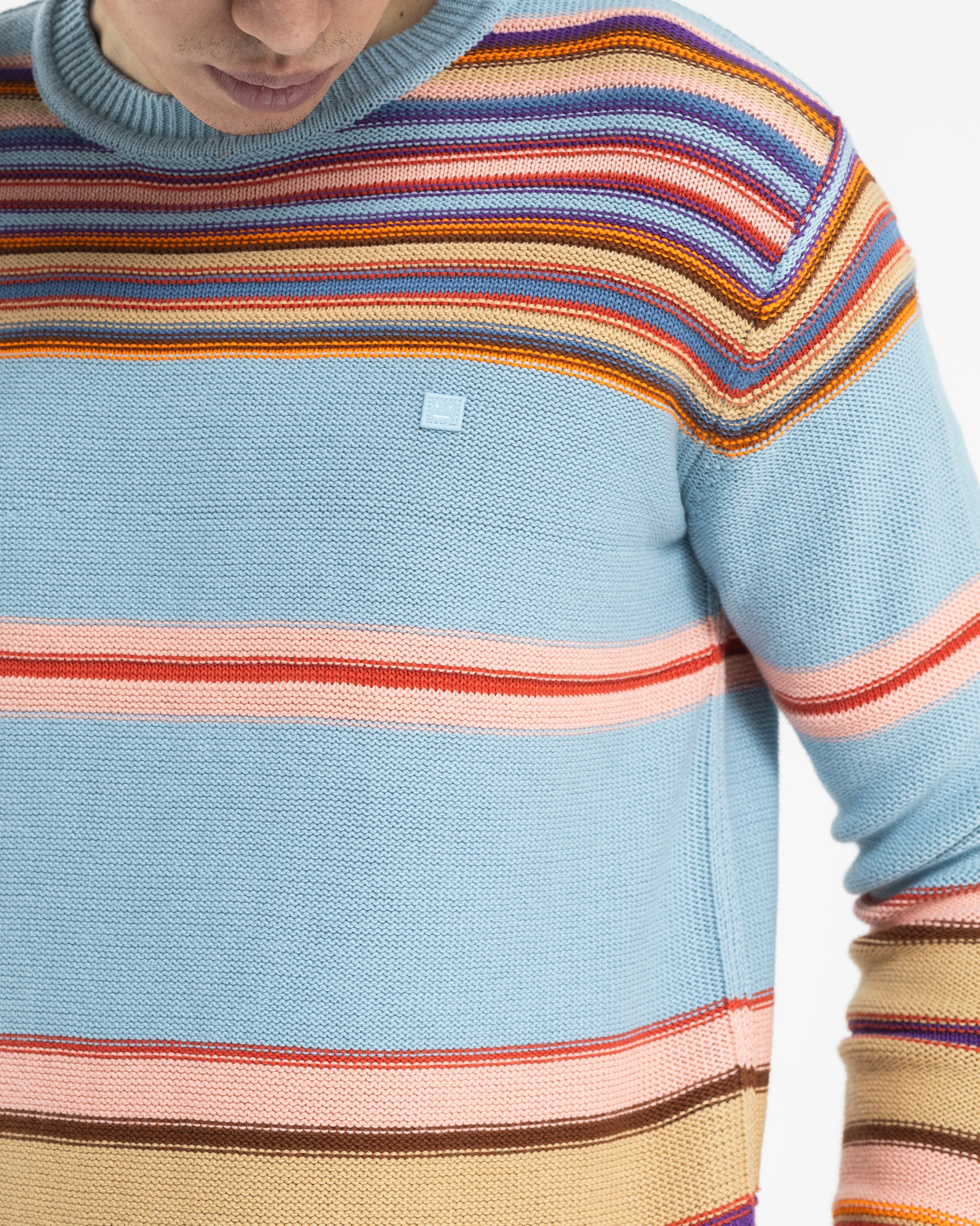 Crew Neck Knit Jumper in Dusty Blue and Multi