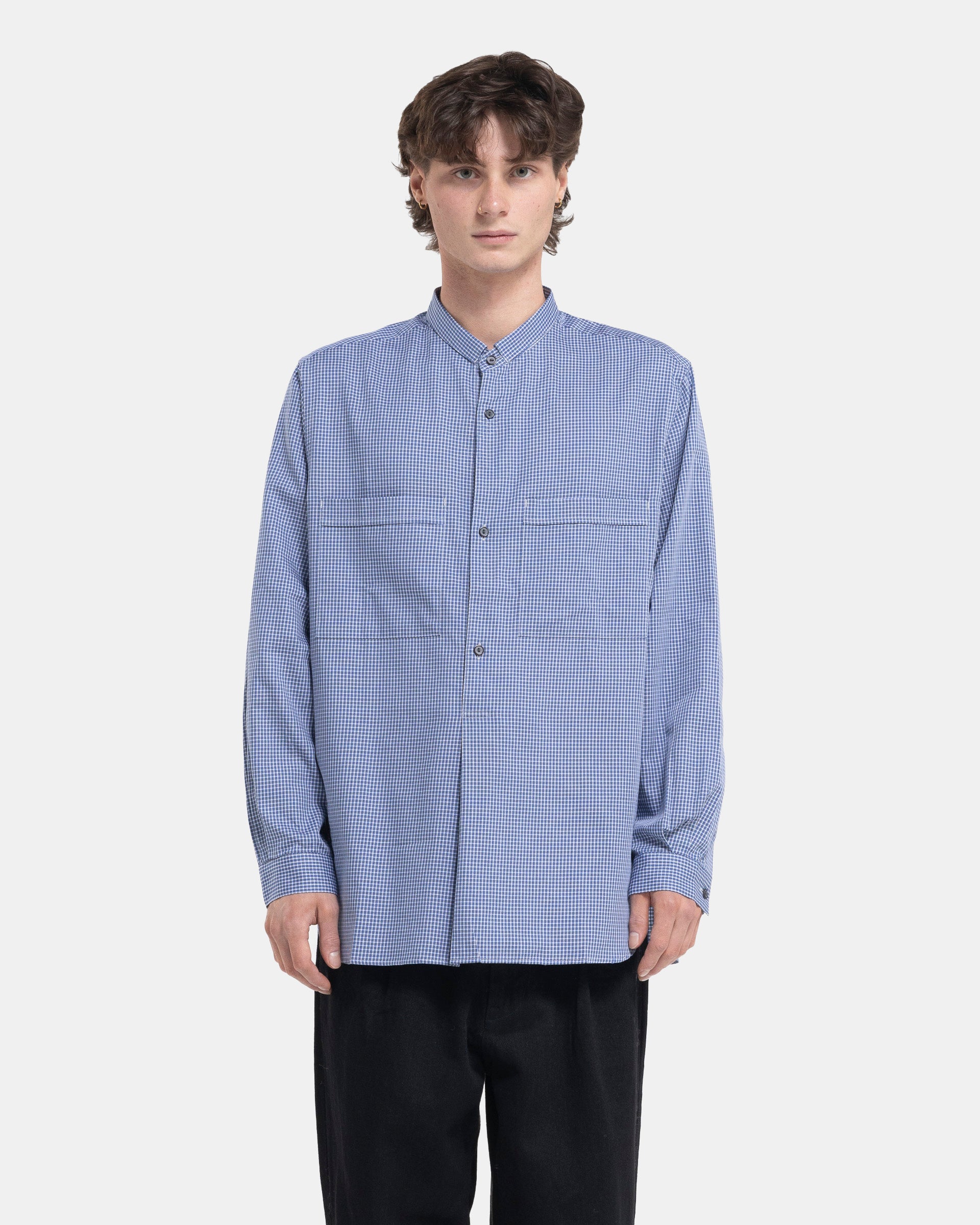 Narrow Collar Pullover Shirt in Blue Check