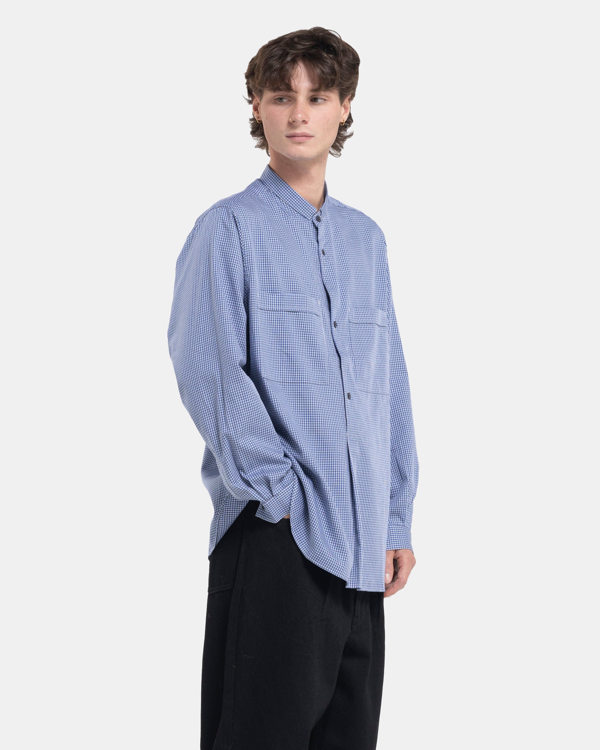 Narrow Collar Pullover Shirt in Blue Check