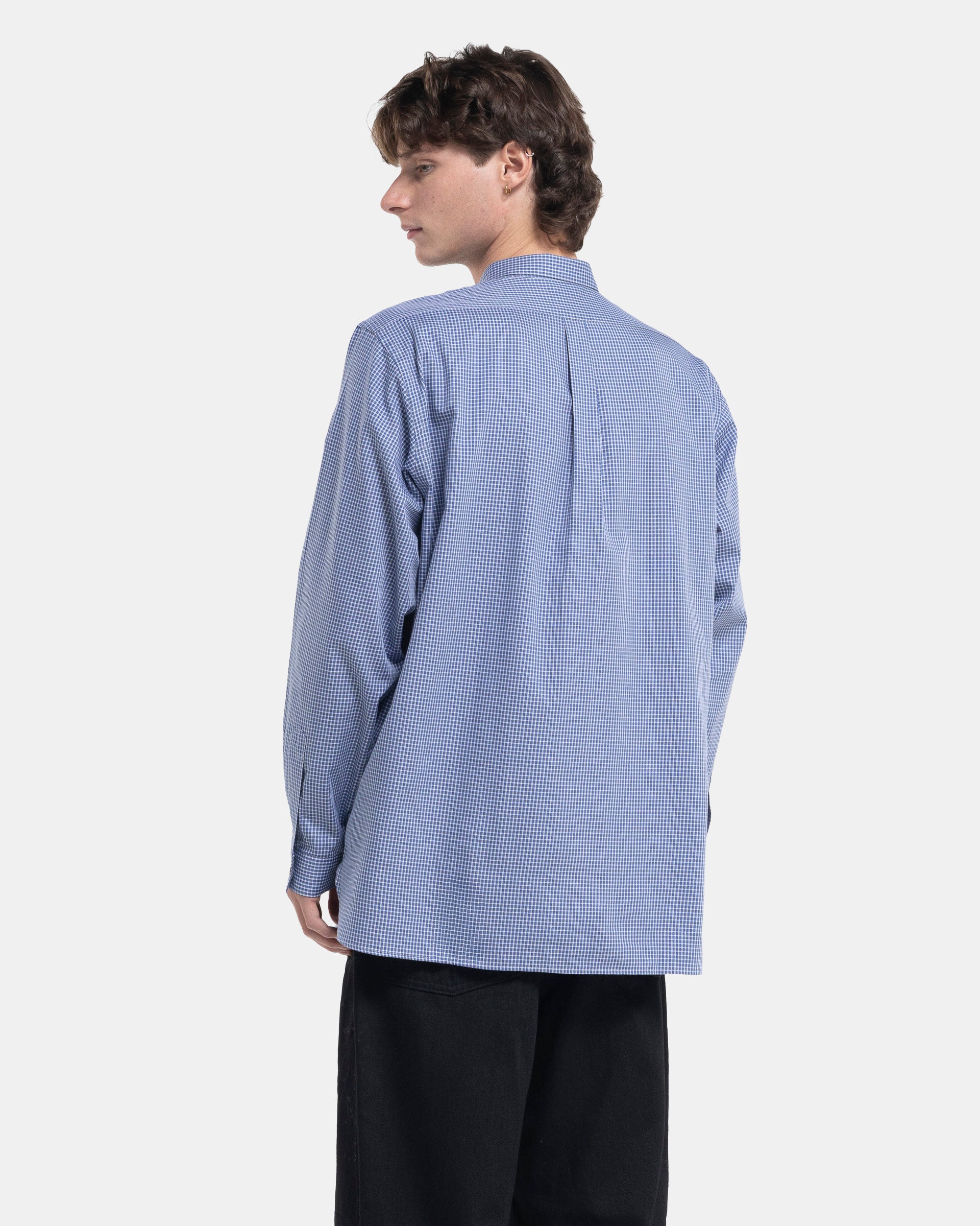 Narrow Collar Pullover Shirt in Blue Check