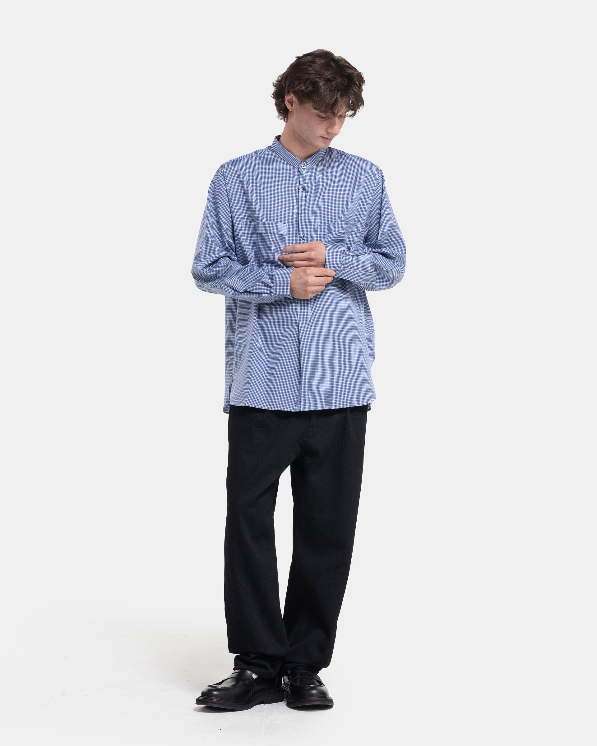 Narrow Collar Pullover Shirt in Blue Check