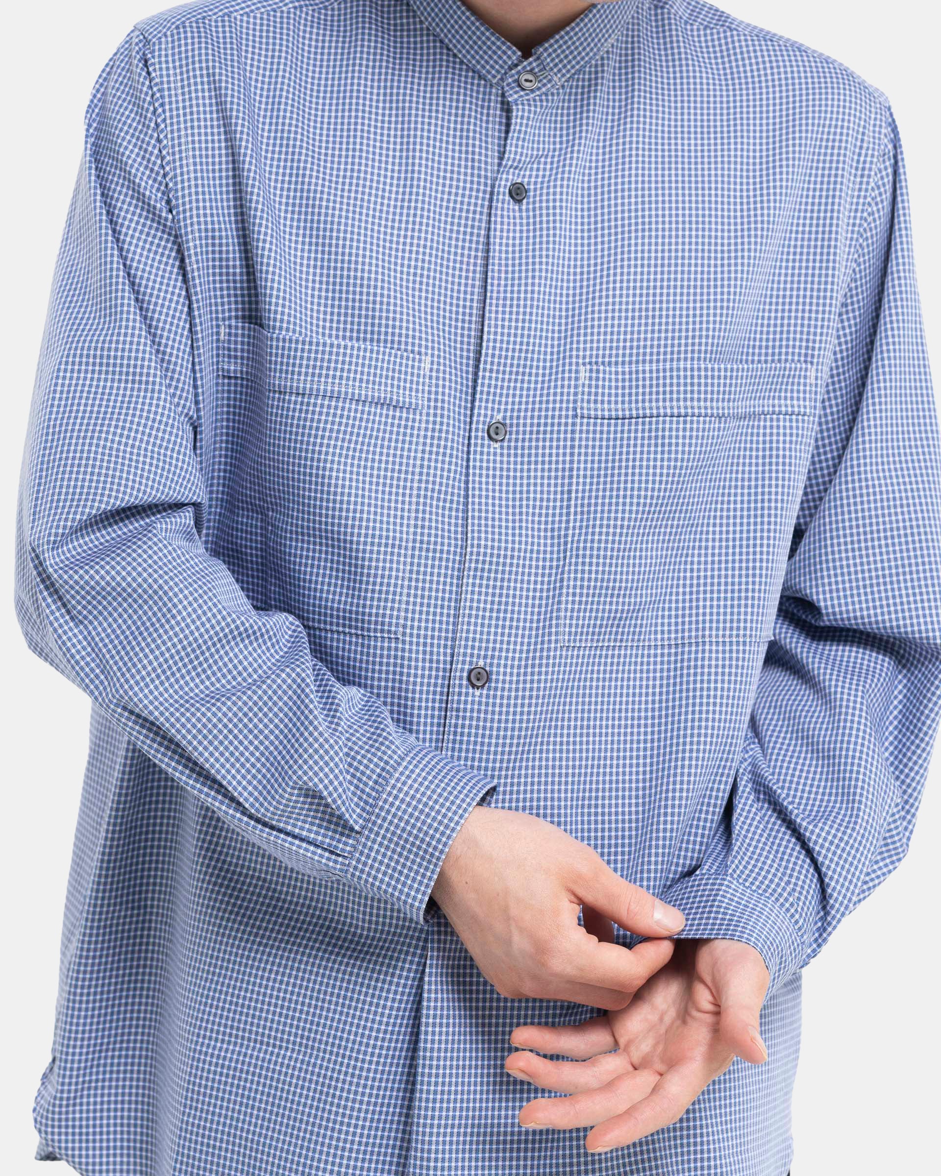 Narrow Collar Pullover Shirt in Blue Check