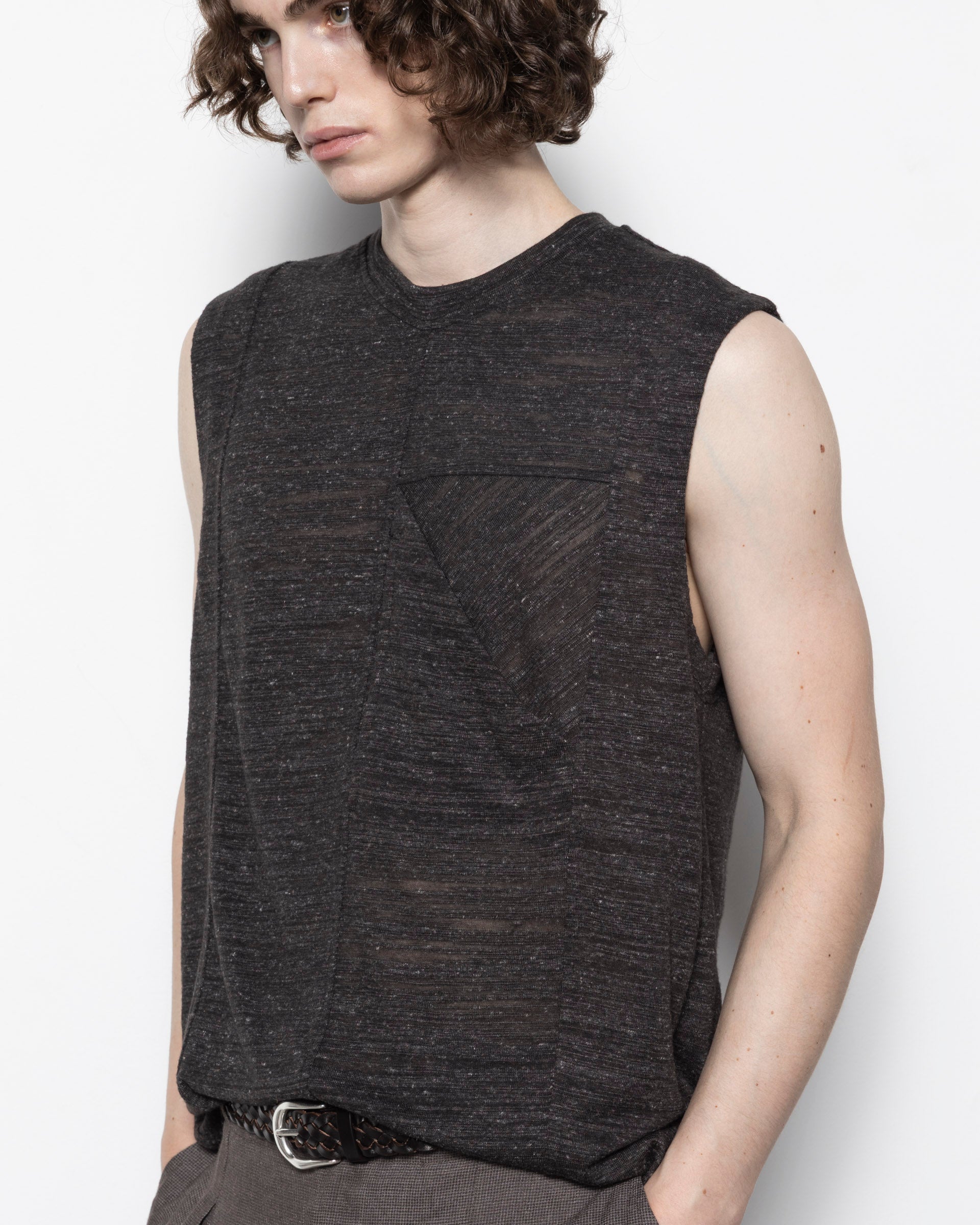 N Pocket Meshed Knotty Tank Top in Dark Grey