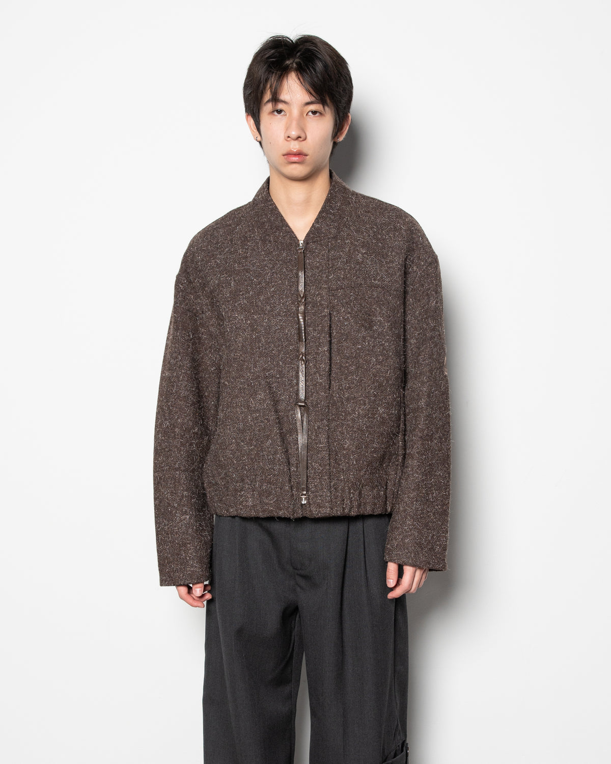 Strapped Zip Bomber Blouson in Snow Brown