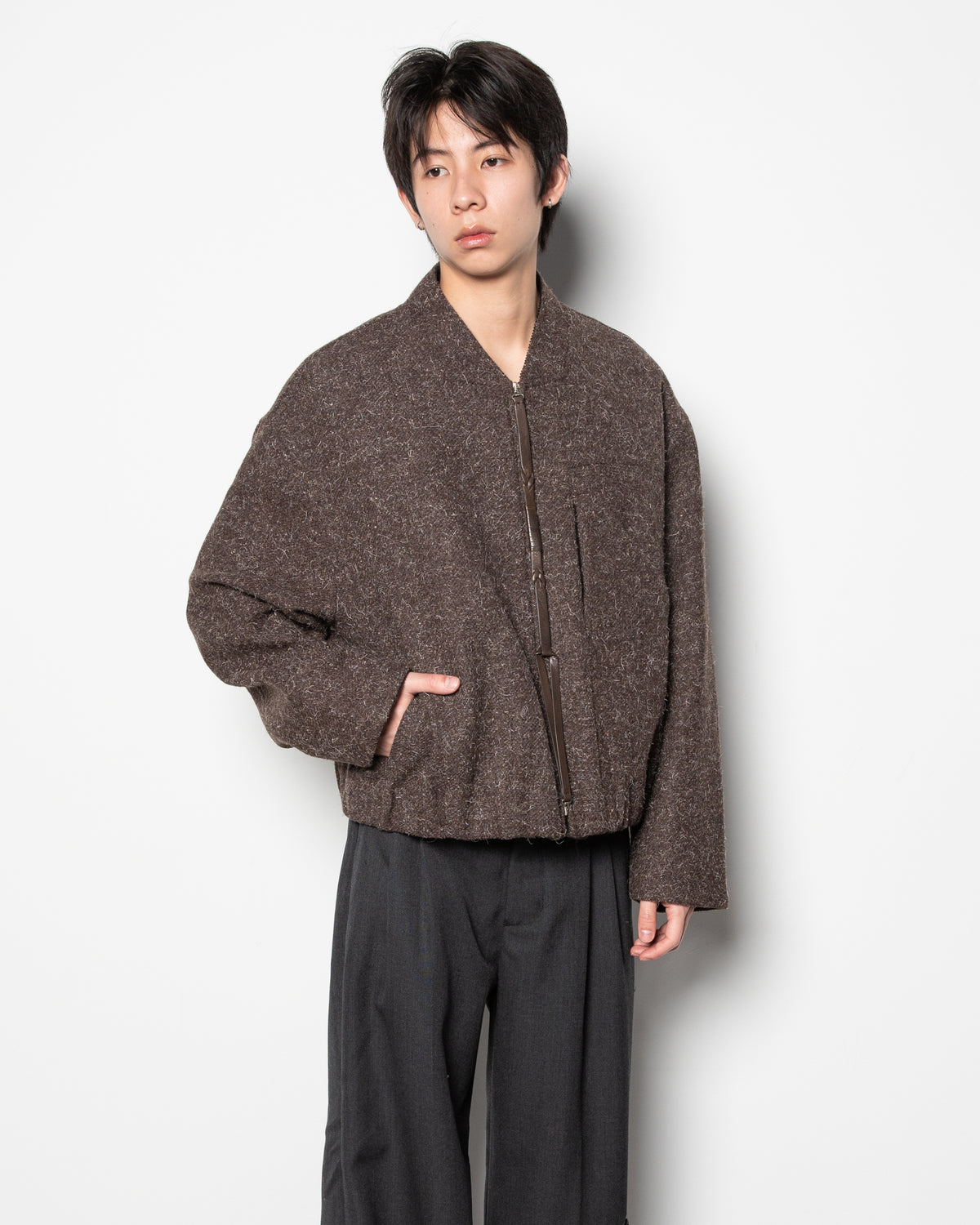 Strapped Zip Bomber Blouson in Snow Brown