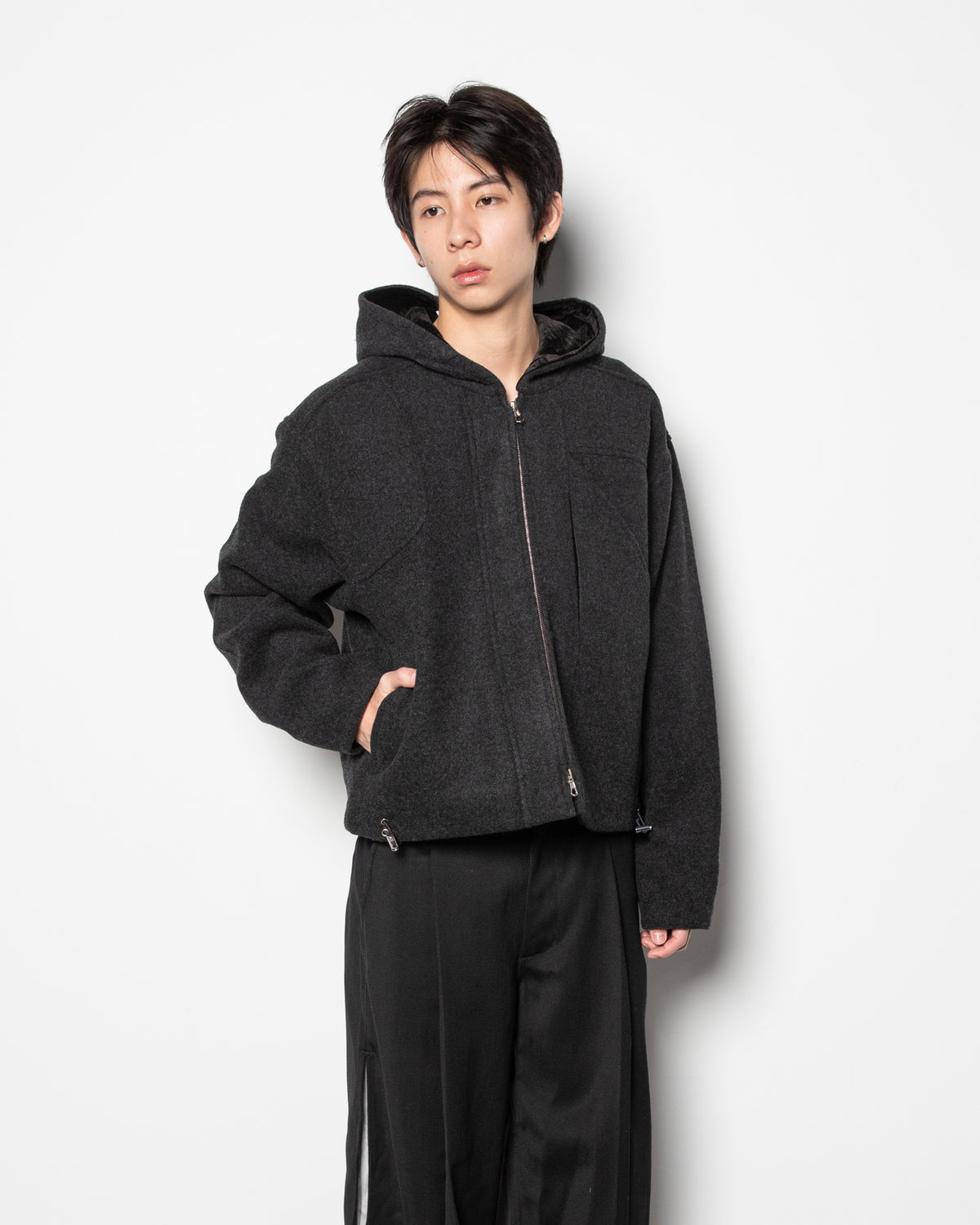 Woolen Hooded Hunting Jacket in Dark Grey
