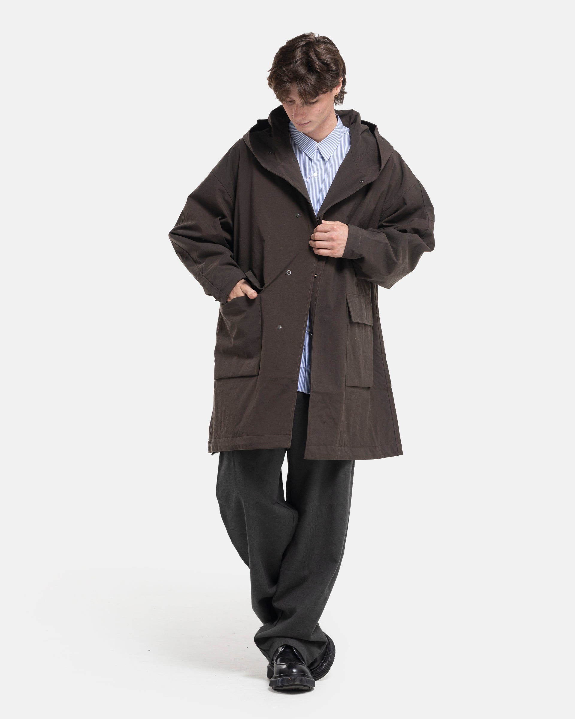 Nylon Ox Hooded Coat in Brown