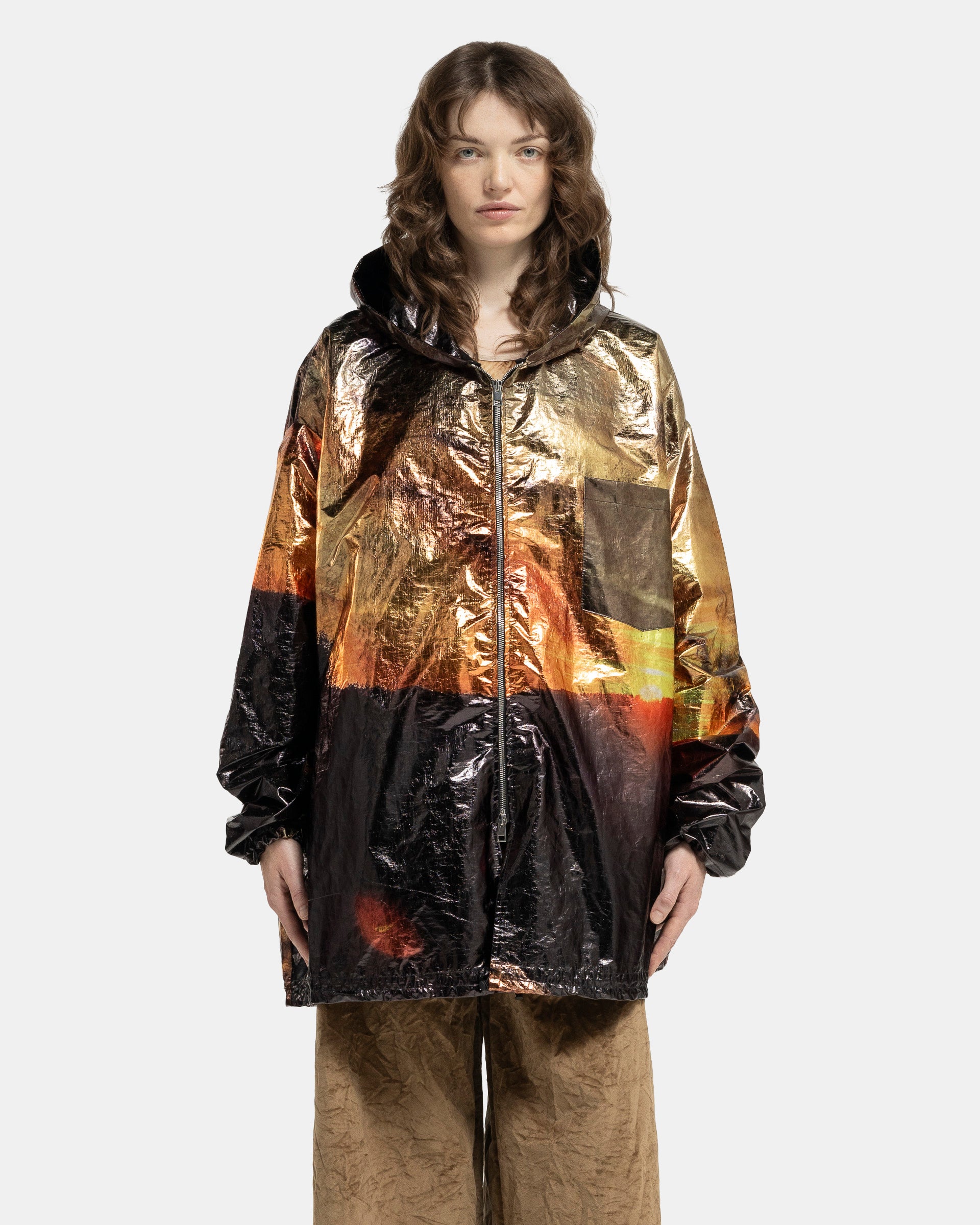 Printed Short Rain Coat in Black and Gold