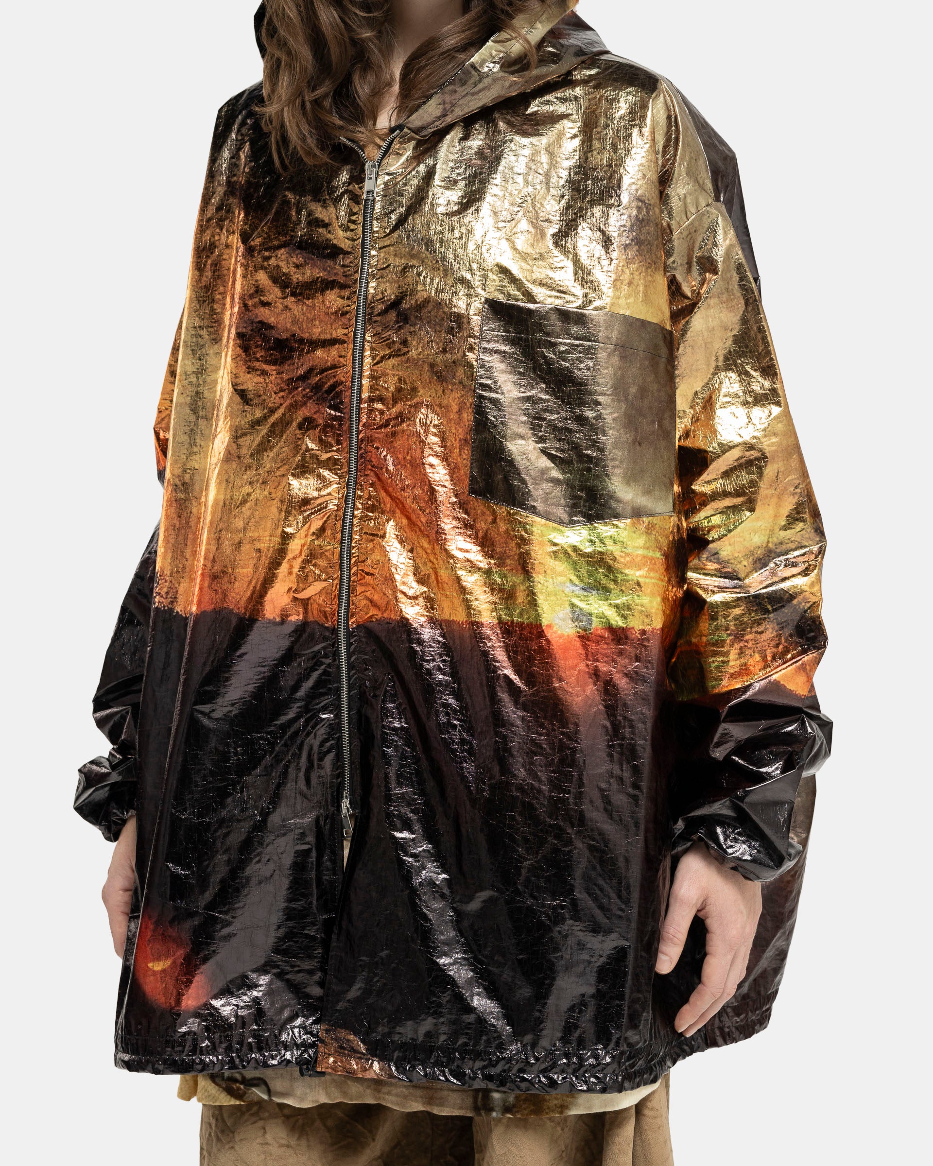 Printed Short Rain Coat in Black and Gold