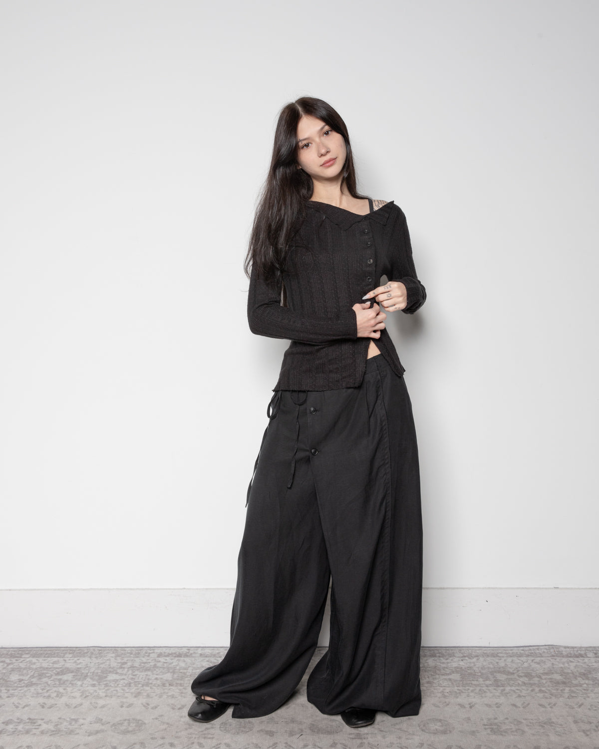 Asymmetric Wrap Skirt-Pant in Black