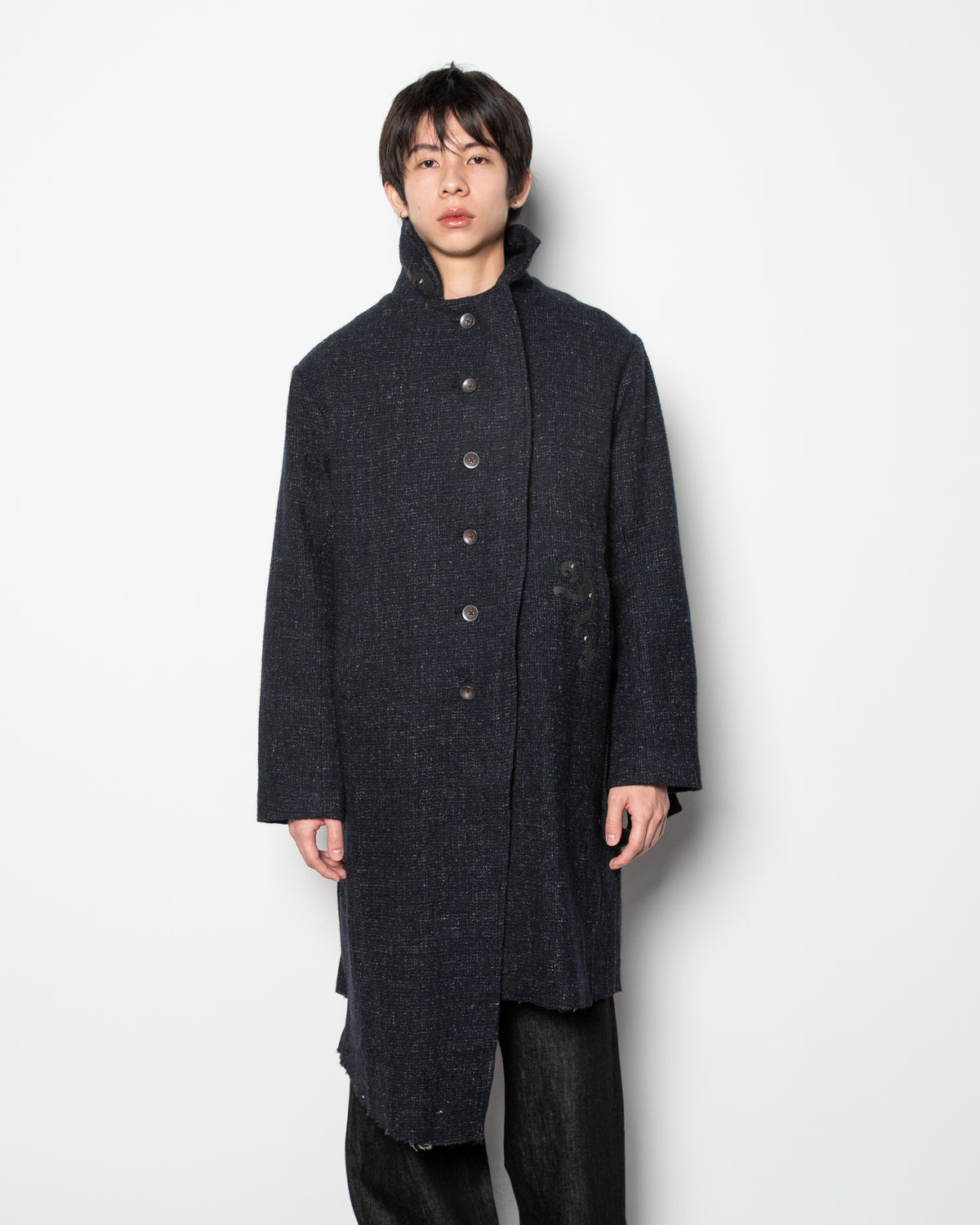 Convertible Collar Tweed Belted Coat in Black