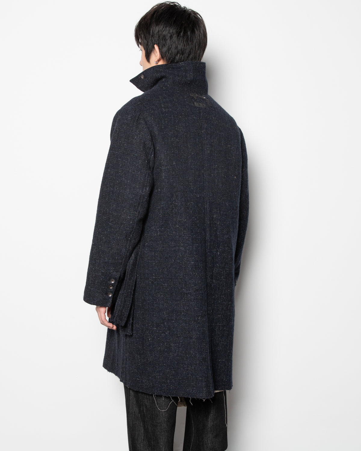 Convertible Collar Tweed Belted Coat in Black