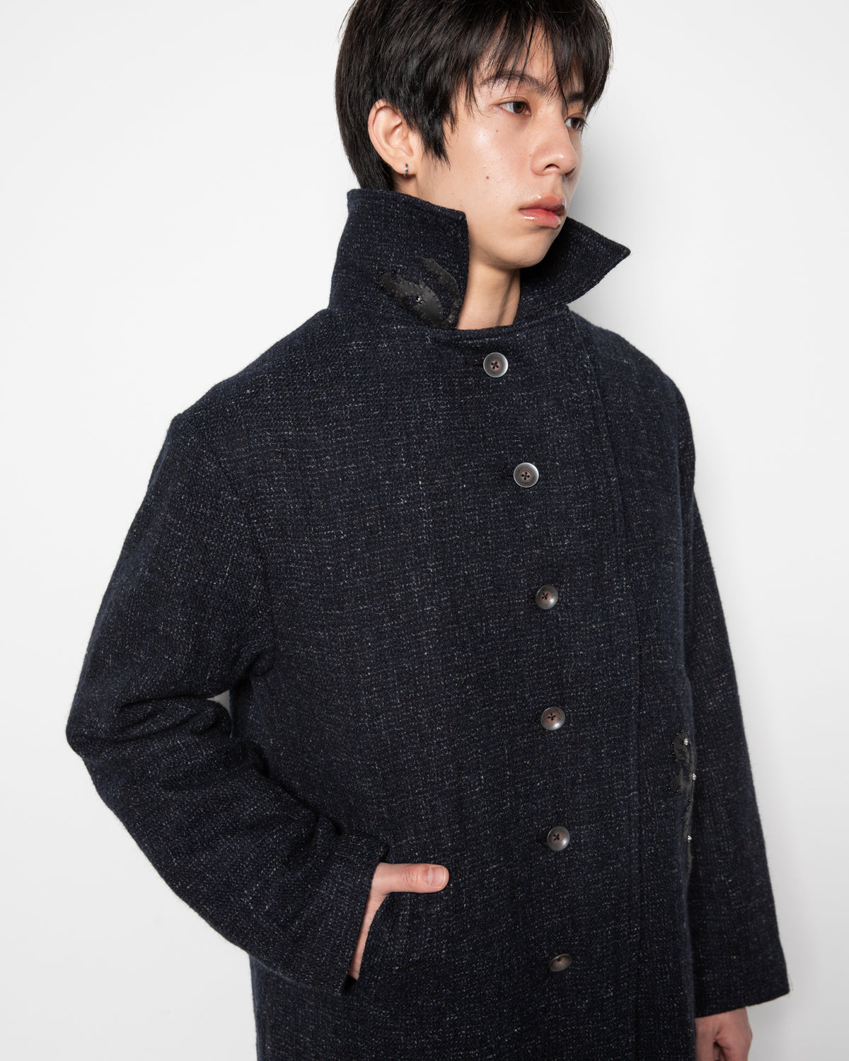 Convertible Collar Tweed Belted Coat in Black