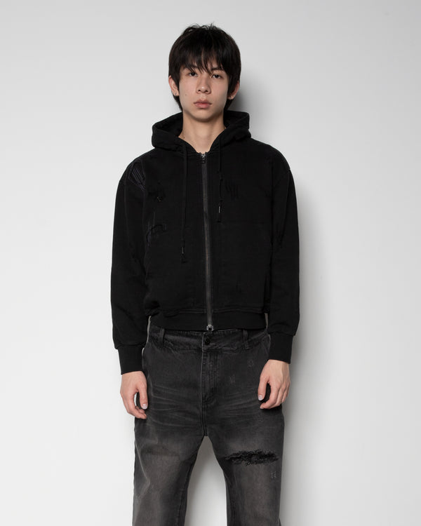 Distressed Zip-up Sweater in Black