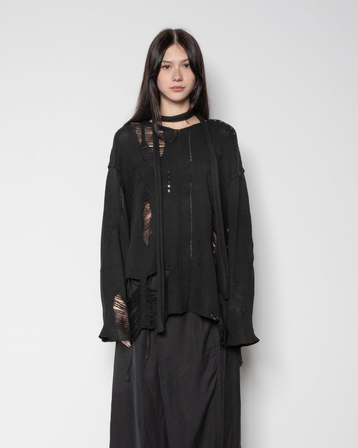 Integrated Scarf Poncho Knit in Black