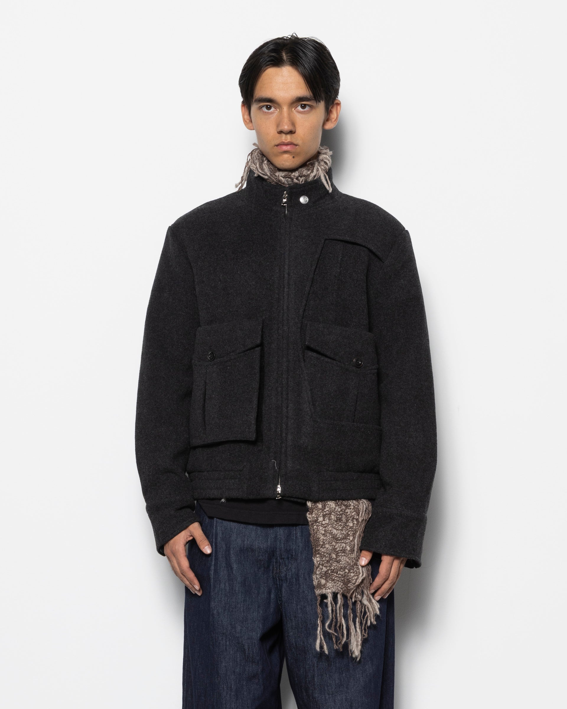 Deconstructed Stand Collar 6 Pocket Jacket in Dark Grey