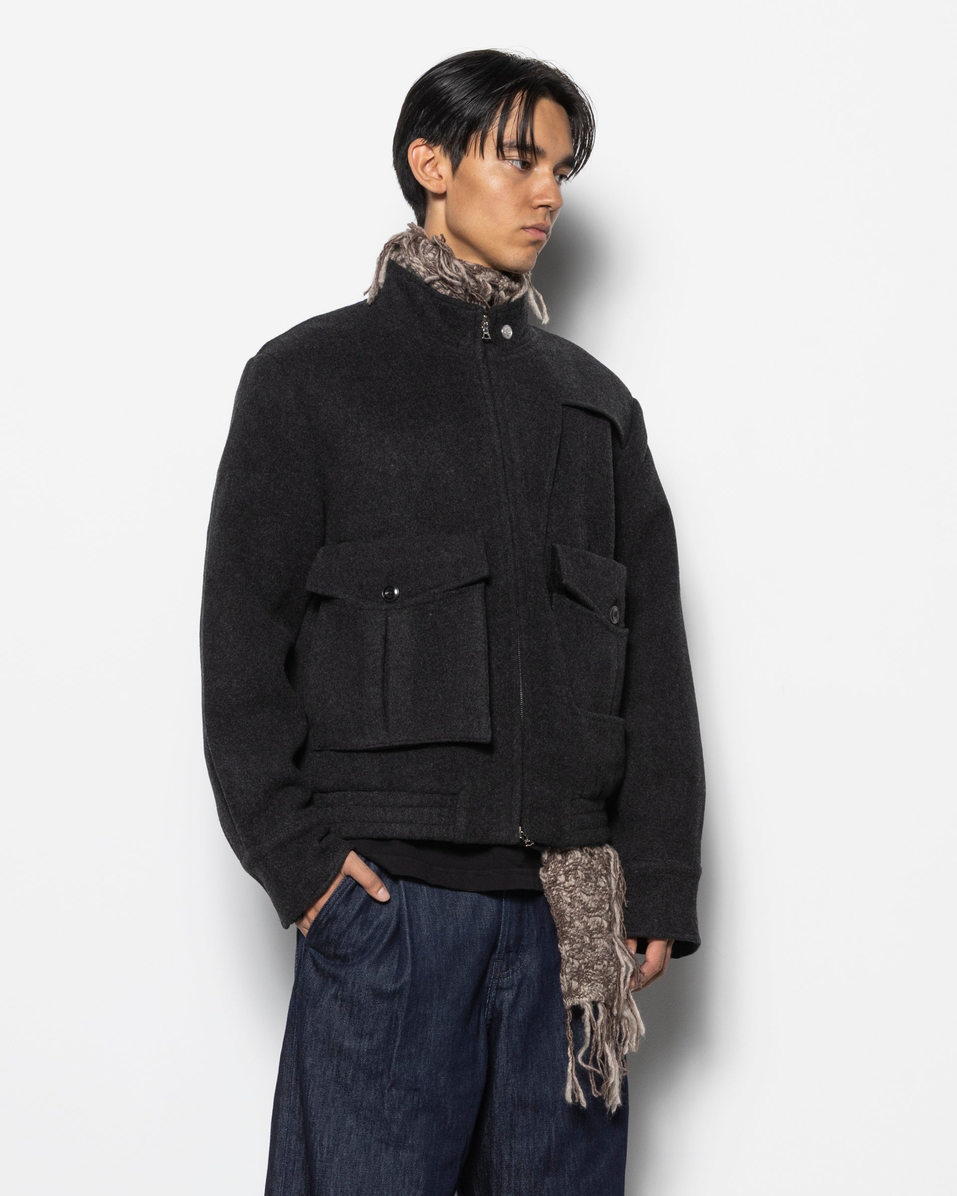 Deconstructed Stand Collar 6 Pocket Jacket in Dark Grey