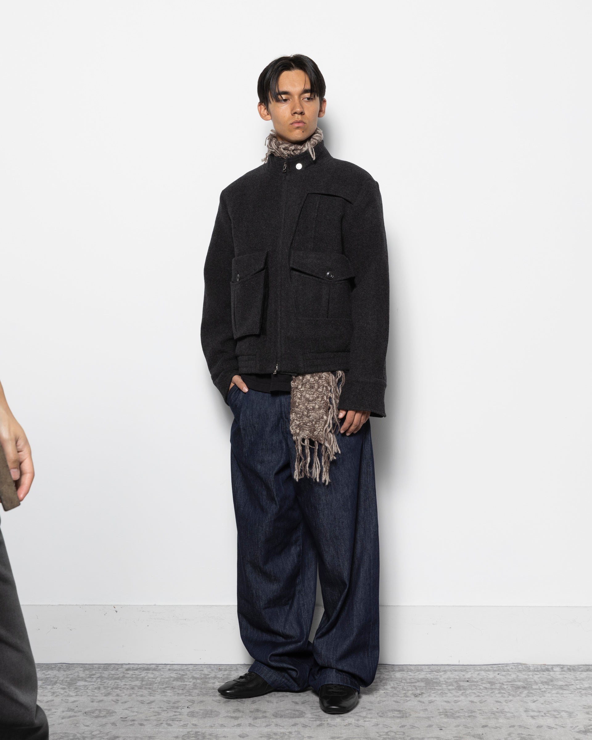 Deconstructed Stand Collar 6 Pocket Jacket in Dark Grey