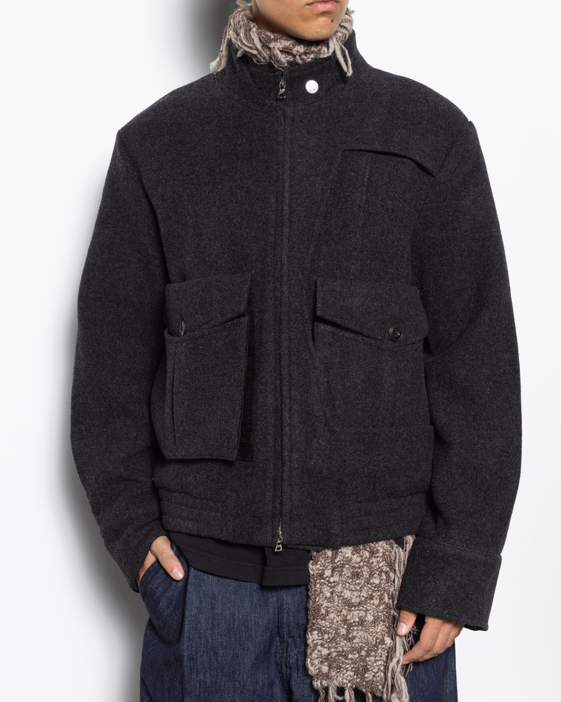 Deconstructed Stand Collar 6 Pocket Jacket in Dark Grey