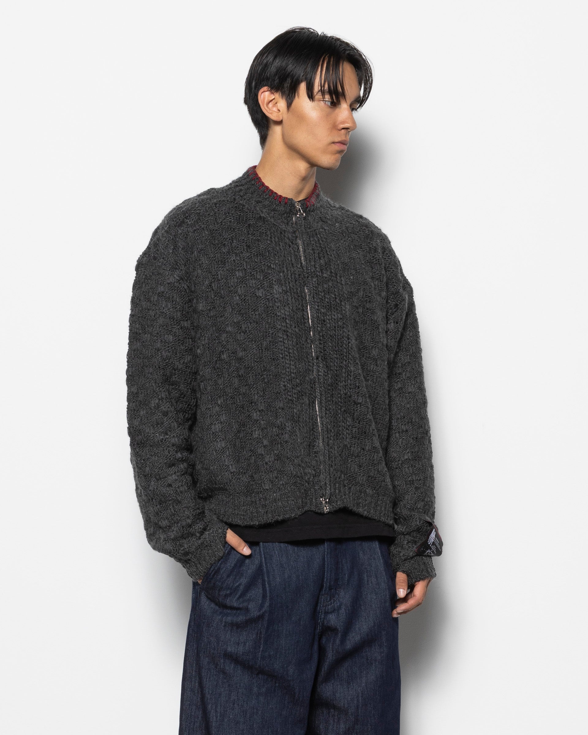 Chex Pattern Knitted Zip Up Jacket in Grey