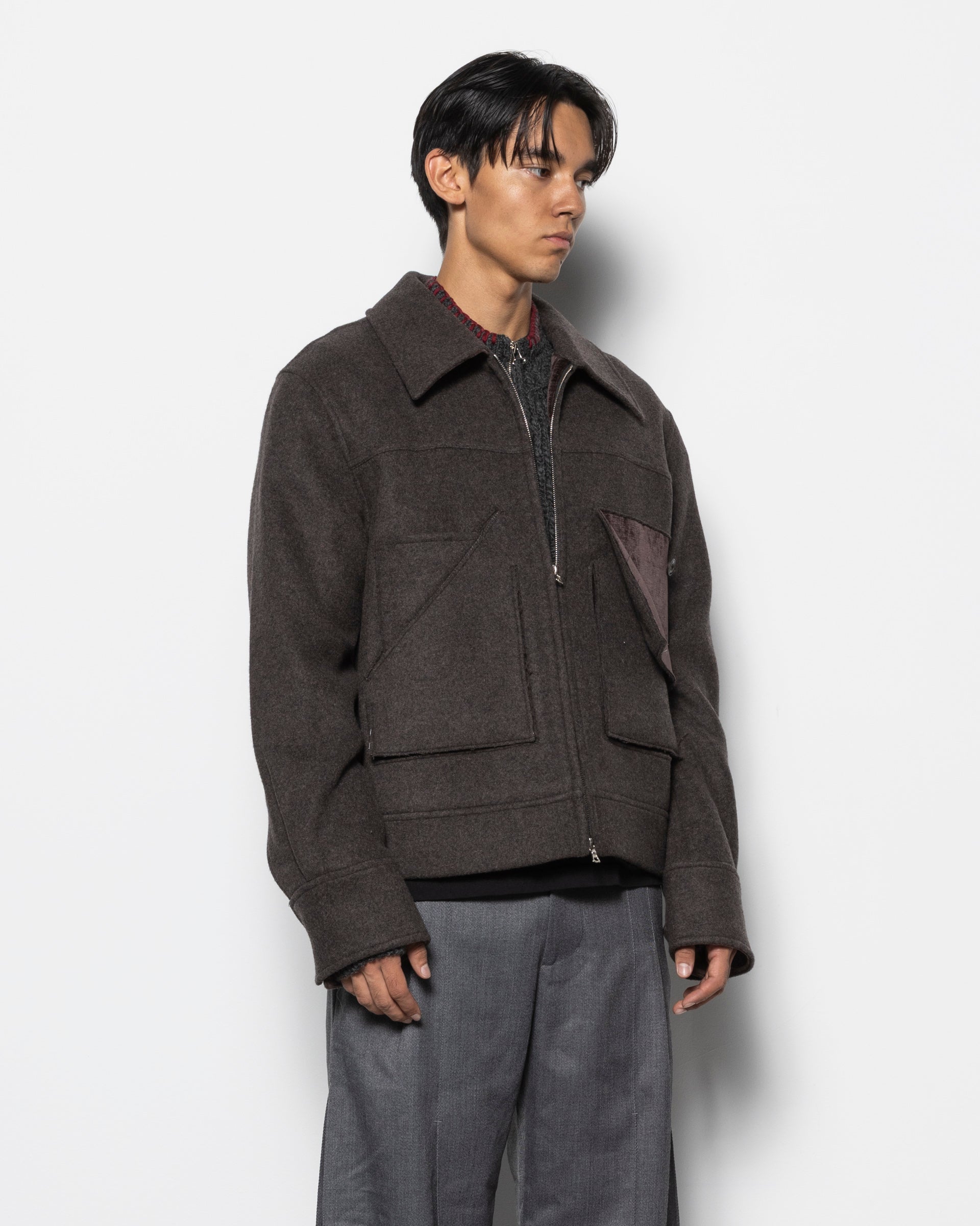 Deconstructed Slit & Peel Pocket Jacket in Brown