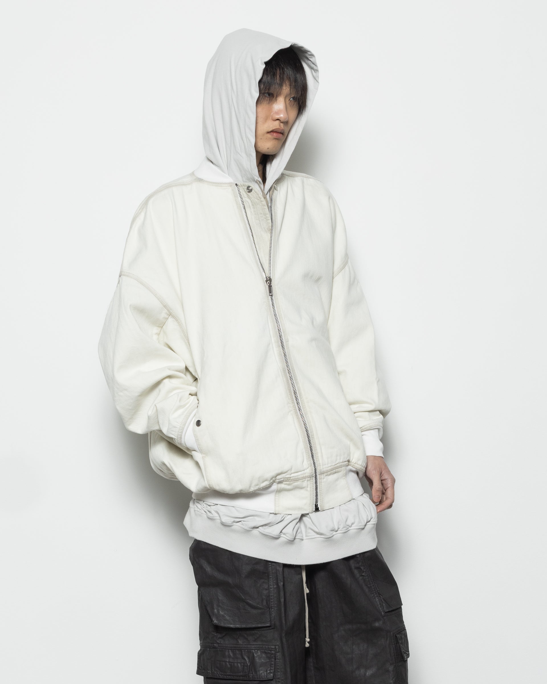 Jumbo Flight Denim Bomber in Milk Wash