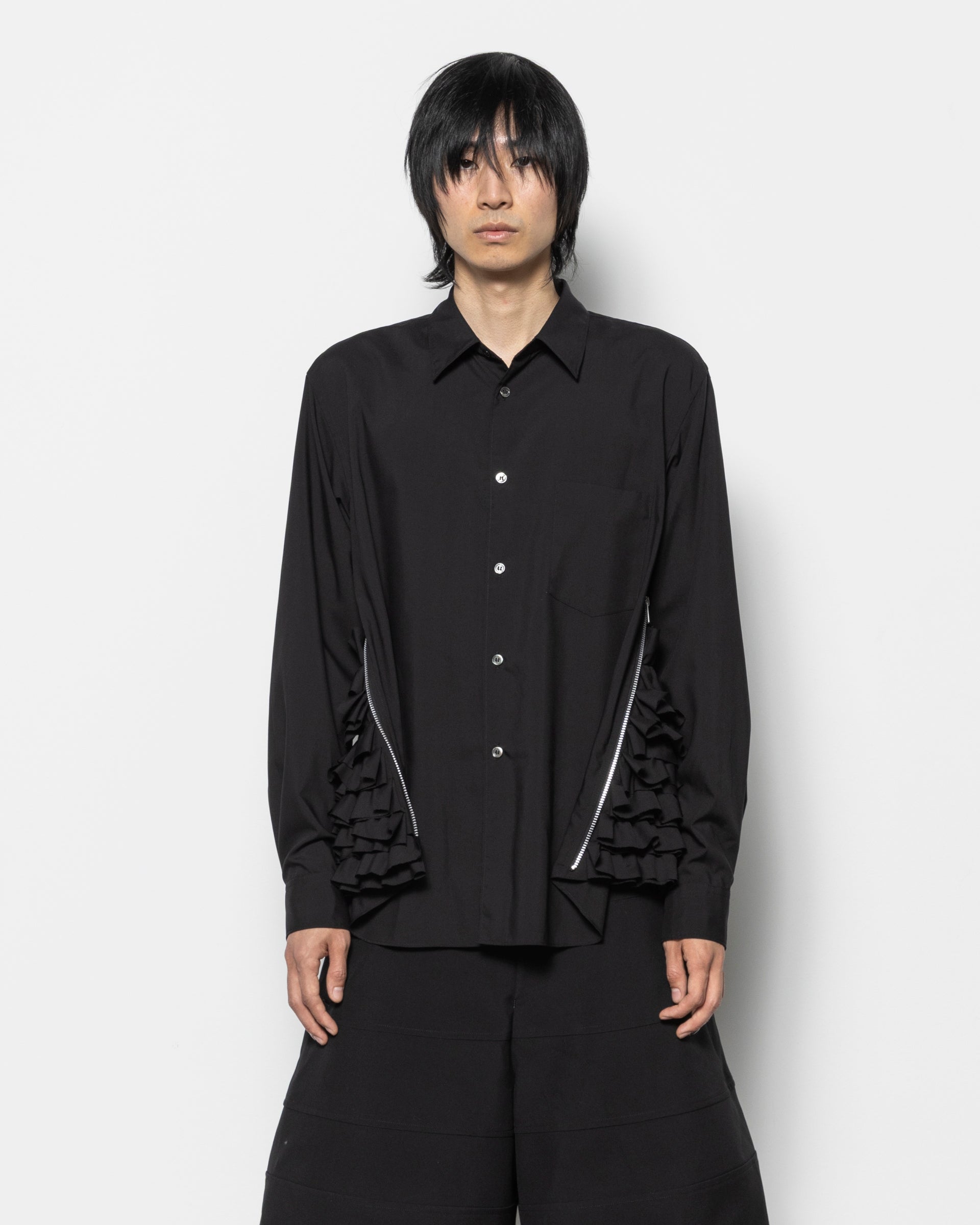 Side Zip Frills Shirt in Black
